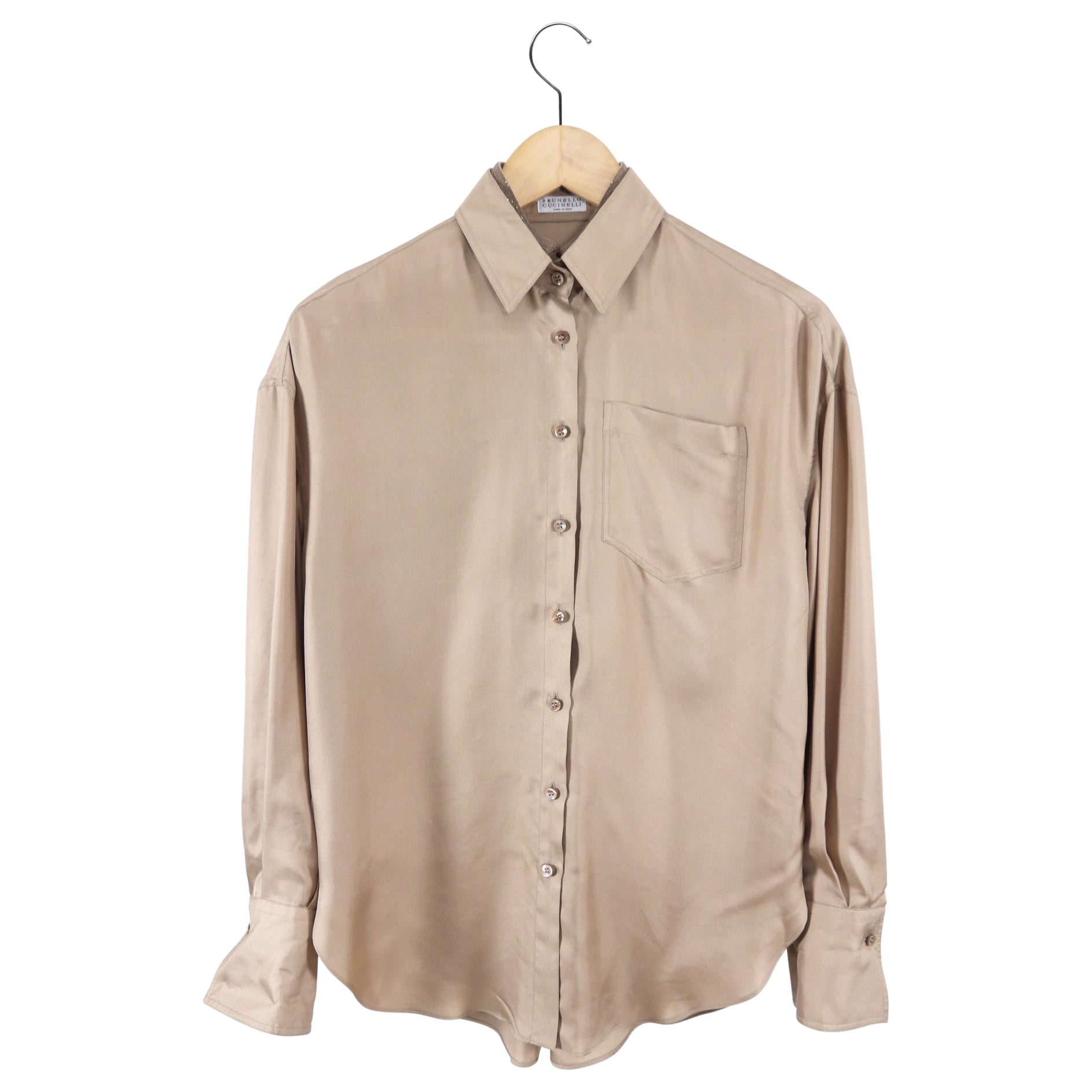Brunello Cucinelli Light Brown Silk Monili Collar Shirt for Women - XS Size | Elegant Silk Blouse for Office, Party & Special Occasions