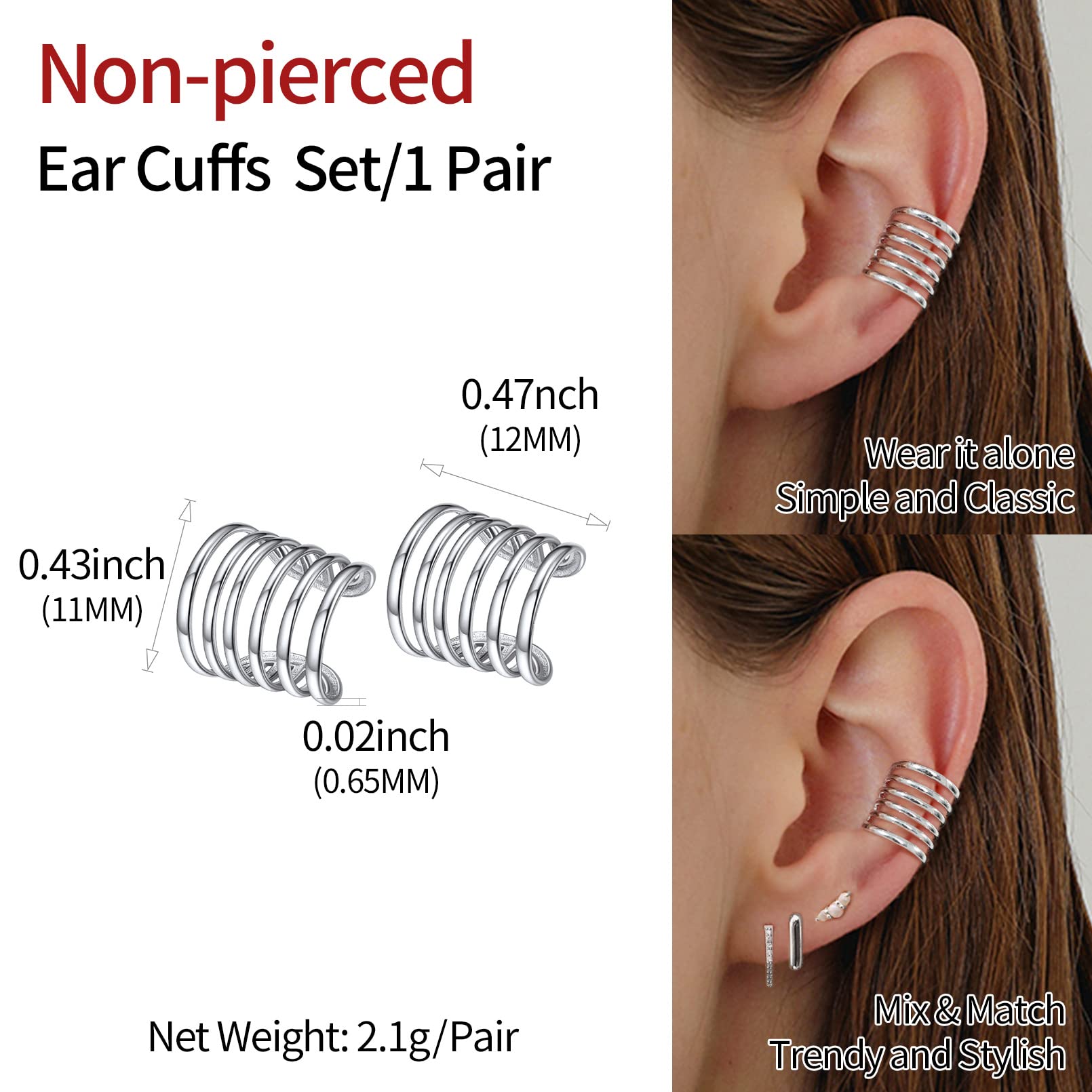 ChicSilver 925 Sterling Silver Non-Piercing Clip-On Ear Cuff Cartilage Earrings for Women - Trendy Boho Jewelry Gift with Box | Perfect for Parties, Weddings & Everyday Wear