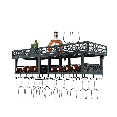 CNCEST Industrial Wall-Mounted Wine Rack - Black Double Layer Storage Shelf for Wine Glasses (100x30x30cm) - Multi-Functional Display Organizer for Living Room, Bedroom, Kitchen & Restaurant Bar Decor