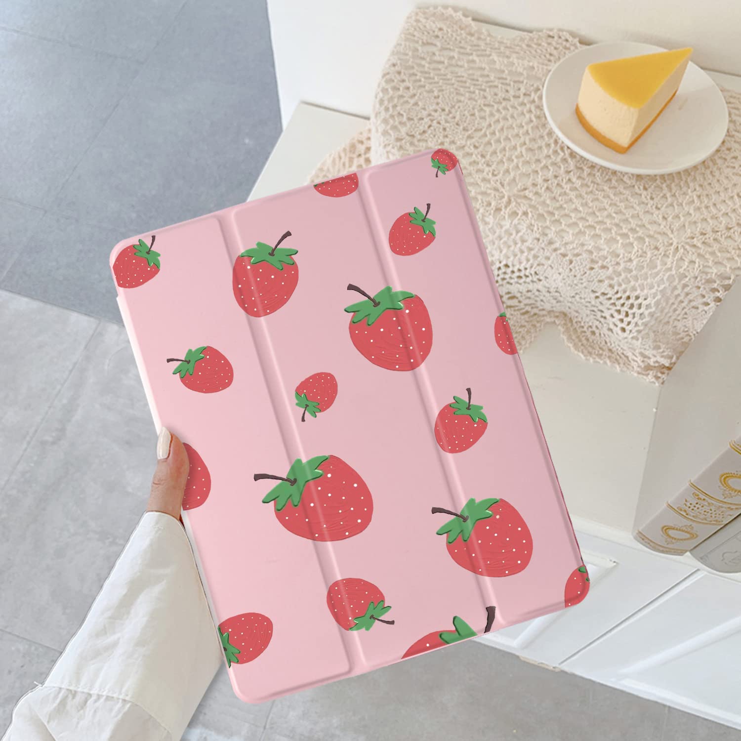 Strawberry Pattern iPad Air 3 Case with Pencil Holder - Pink Leather Soft TPU Back Cover for iPad Pro 10.5 Inch 2017 | Auto Sleep/Wake Function | Perfect for School, Work & Travel Protection