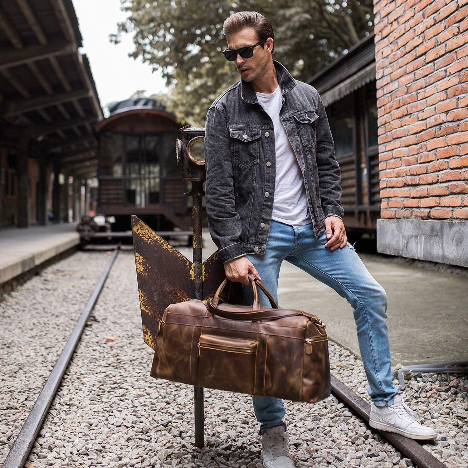 Premium Full Grain Leather Duffle Bag for Men - Large Travel, Gym & Weekend Overnight Bag - Durable Carryall for Business Trips, Workouts & Sports Activities