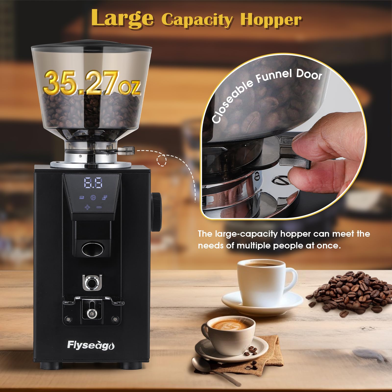 Commercial Electric Coffee Grinder 400W - Flat Burr Coffee Bean Grinder with 18 Precise Settings, Touch Control for Espresso - Large Capacity Hopper & Grounds Tray - Perfect for Coffee Shops, Restaurants & Home Baristas (Black, Square Design)