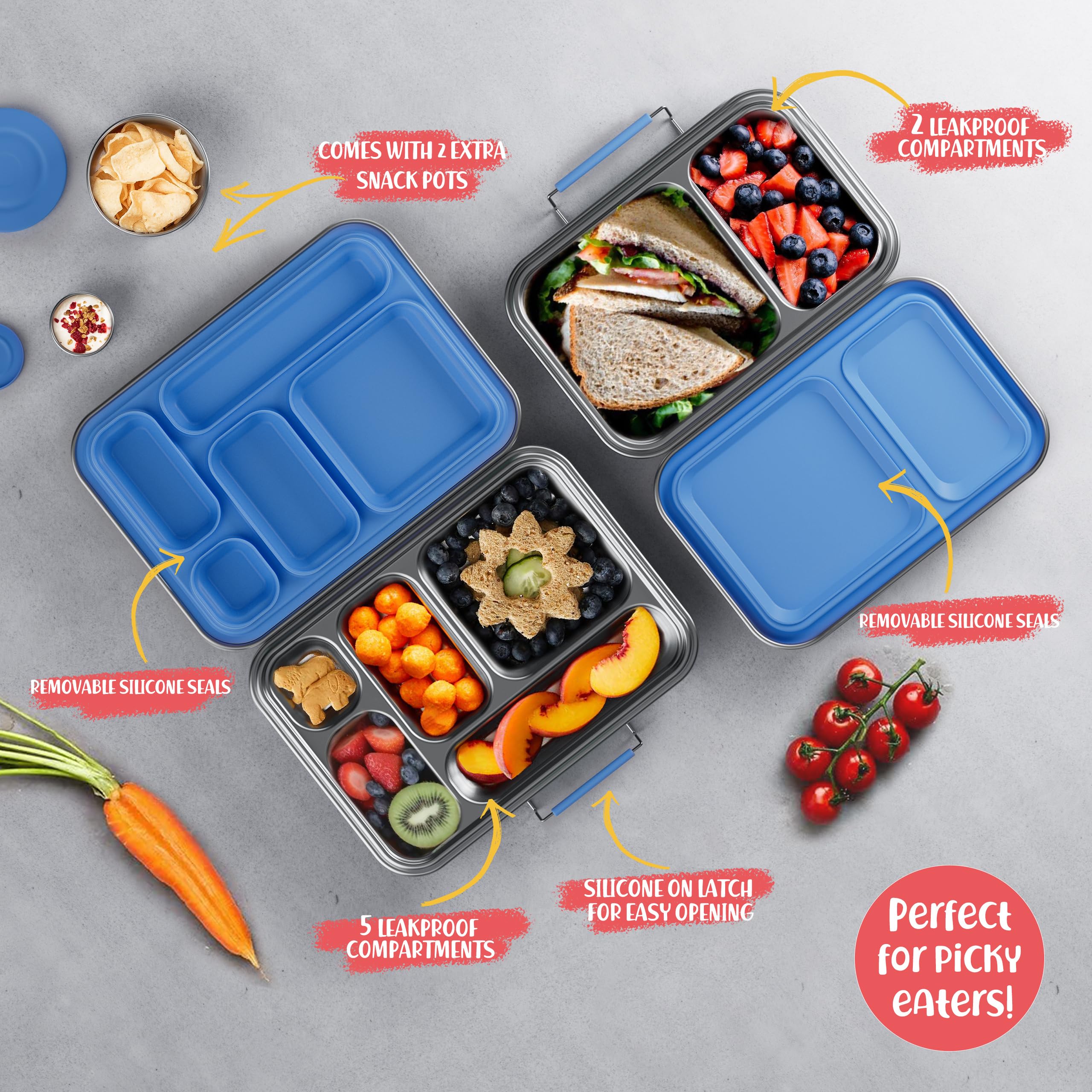 Stainless Steel Bento Lunch Box for Kids - BPA Free 304 Grade Metal Food Container for School, Office & Picnics - Leak Proof & Durable (Blue)