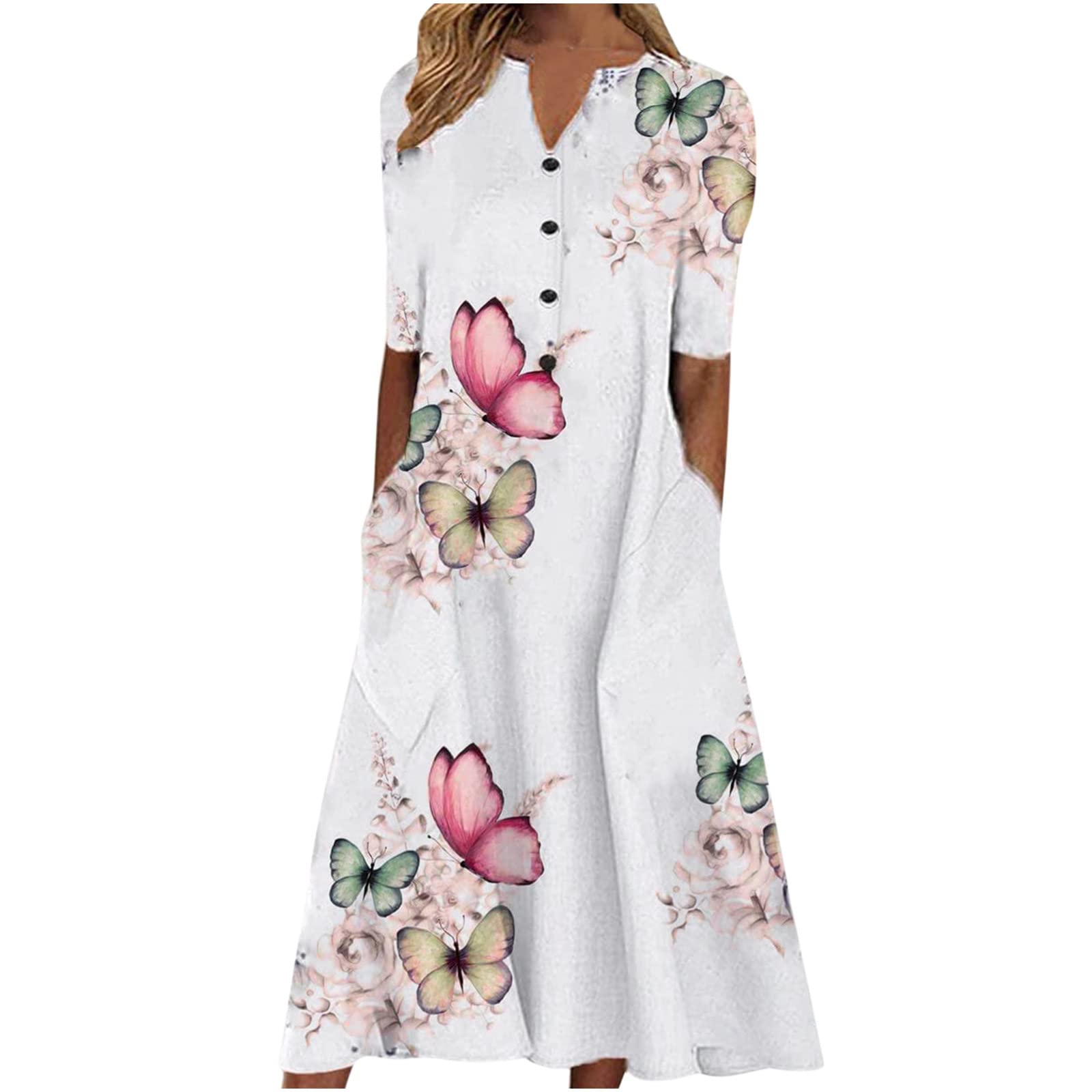 Women's Summer Floral Butterfly Print Long Dress - Casual V-Neck Button Short Sleeve Loose Vacation Sundress with Pockets | Beach Wear, Garden Party, Outdoor Date Night Outfit