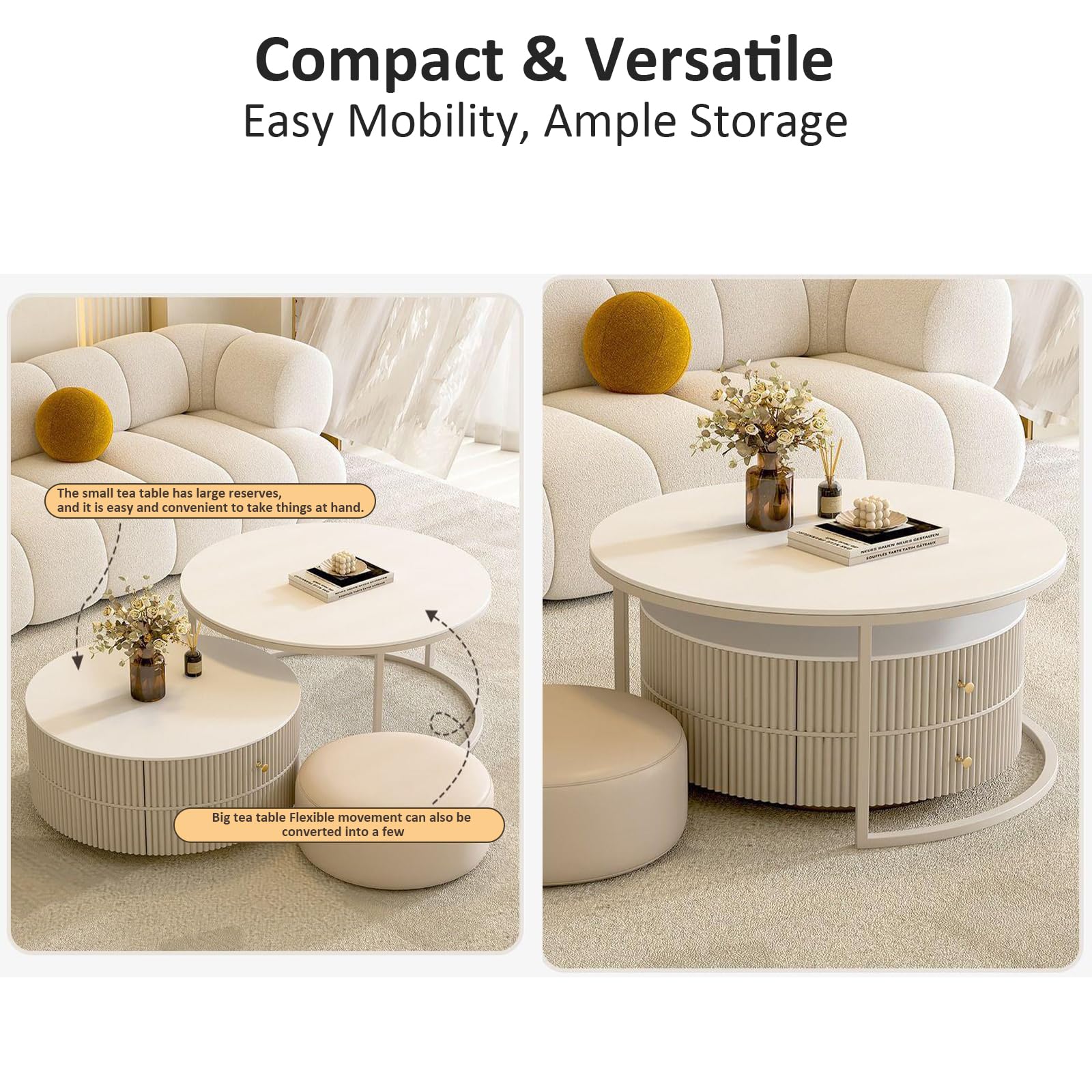 Premium Nesting Coffee Table Set of 2 with Leather Stool - Ivory Wood Circle Embossed Design & 2 Drawers - Round Baking Paint Frame Coffee Table for Living Room, Lounge & Small Spaces