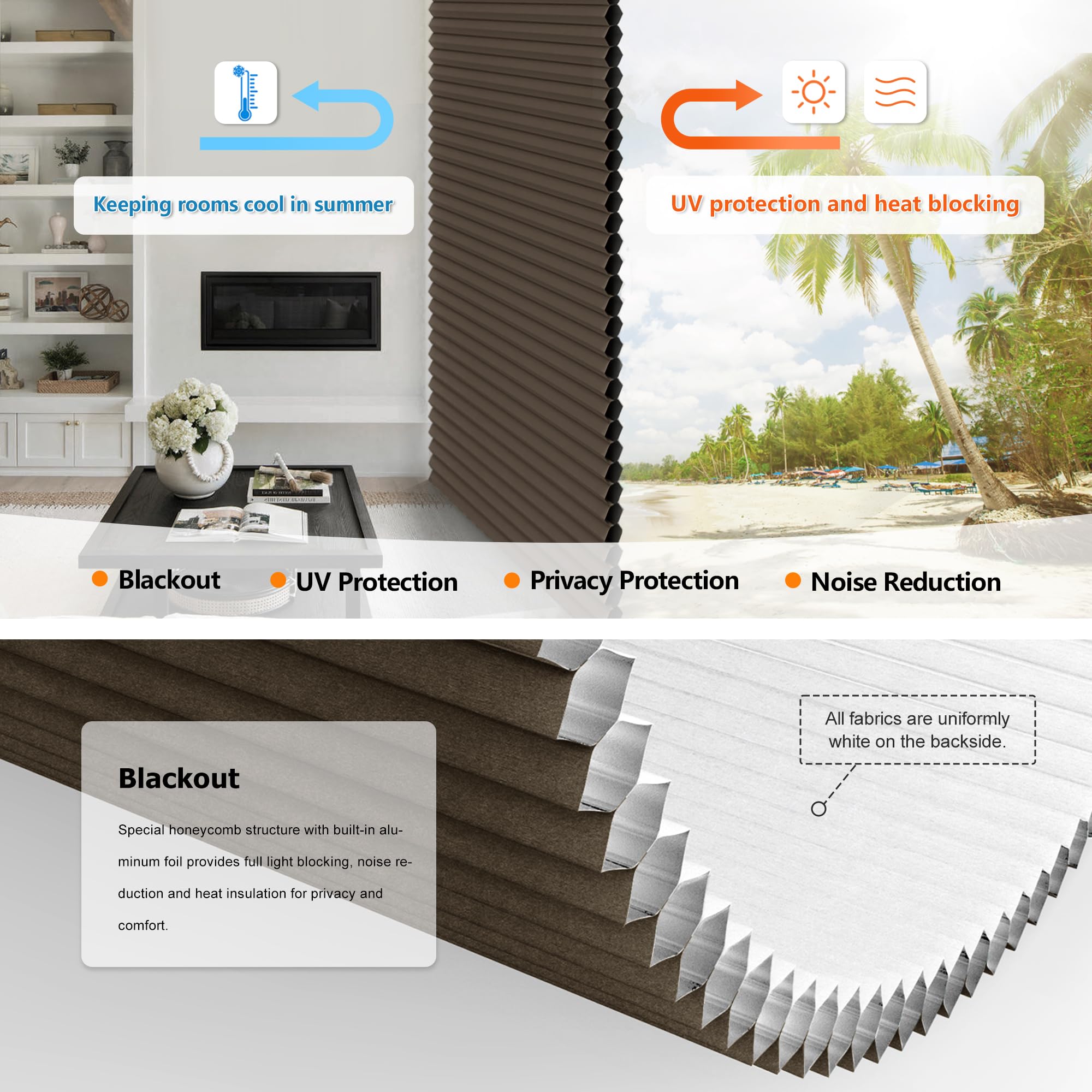 No Drill Cordless Cellular Shades - Blackout Honeycomb Window Blinds 52