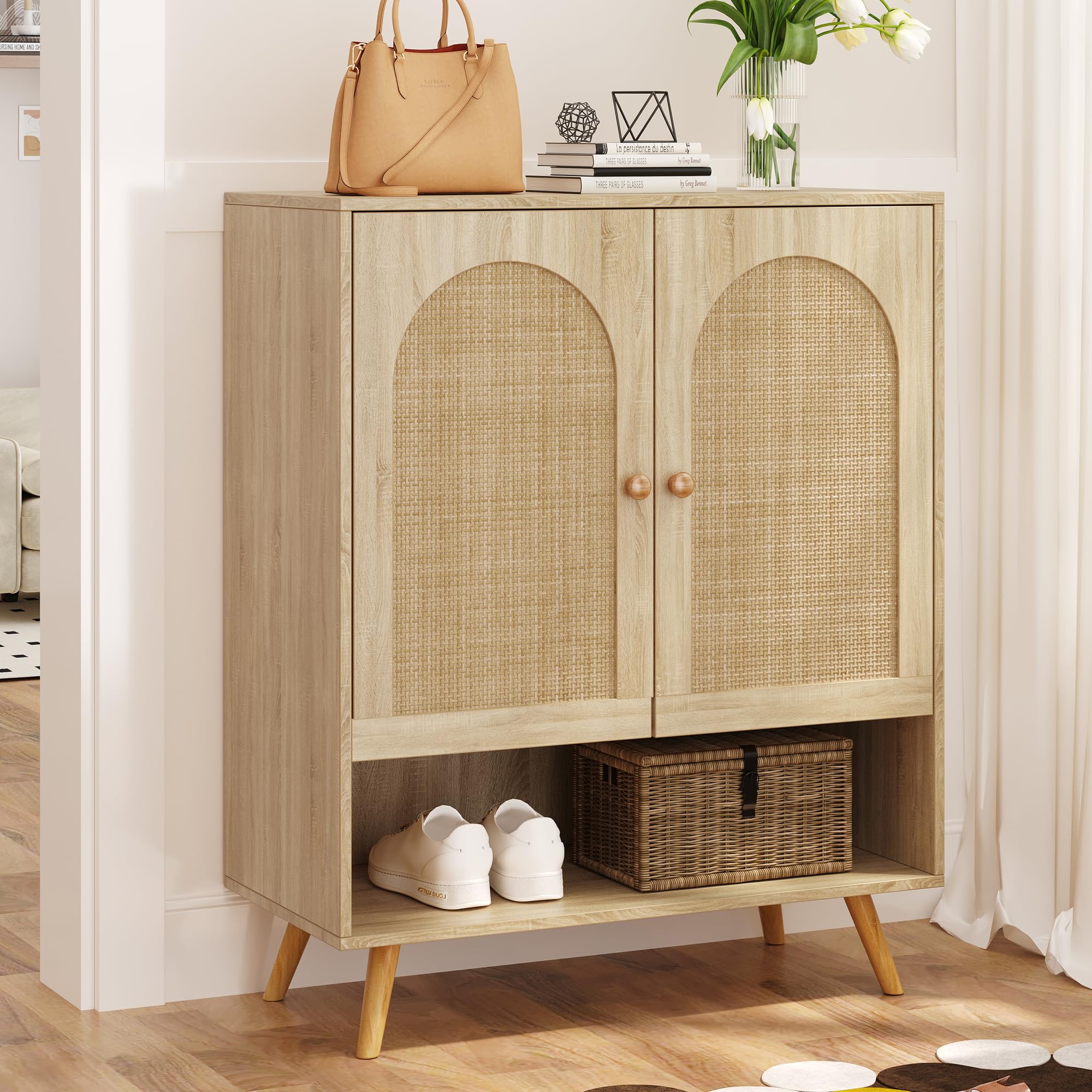 Rattan Shoe Storage Cabinet with Doors - Adjustable Shelves Boho Wooden Shoe Organizer for Entryway, Hallway, Living Room - Light Oak Finish | Perfect for Small Spaces, Apartment Entryway & Closet Organization