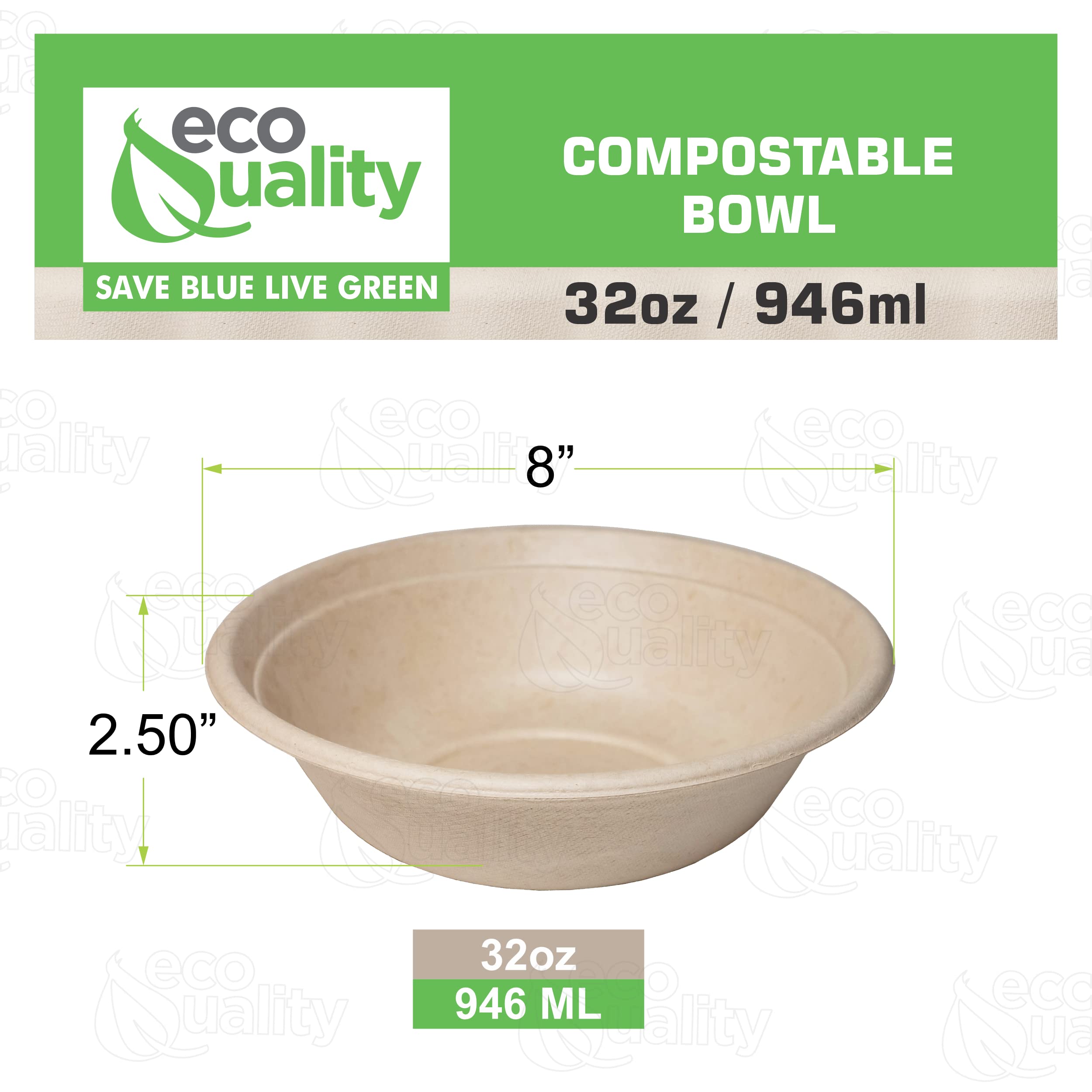500 Count - EcoQuality 32oz Round Disposable Bowls | Natural Sugarcane Bagasse Bamboo Fiber Compostable Bowls | Sturdy Eco-Friendly Paper Bowl Alternative | Perfect for Parties, Picnics & Takeout Meals