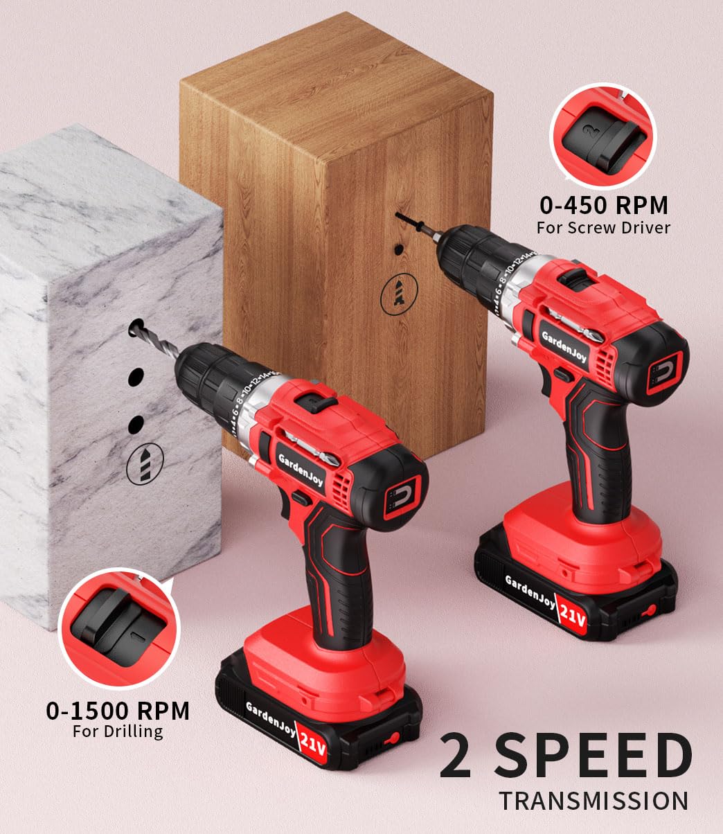 **21V Cordless Power Drill Set - GardenJoy Electric Drill Driver Kit with Battery & Fast Charger, 65pc Accessories, 2-Speed Control, 3/8