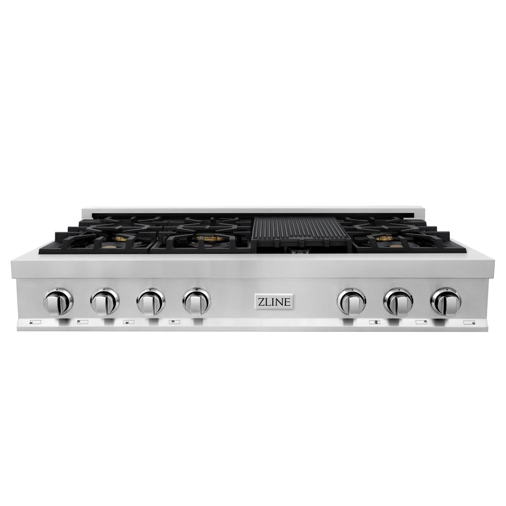 ZLINE 48 Inch Stainless Steel Gas Rangetop with 6 Brass Burners & Porcelain Cooktop - Professional Grade Kitchen Appliance for Home Chefs & Cooking Enthusiasts | Perfect for Gourmet Meals, Entertaining & Large Family Dinners