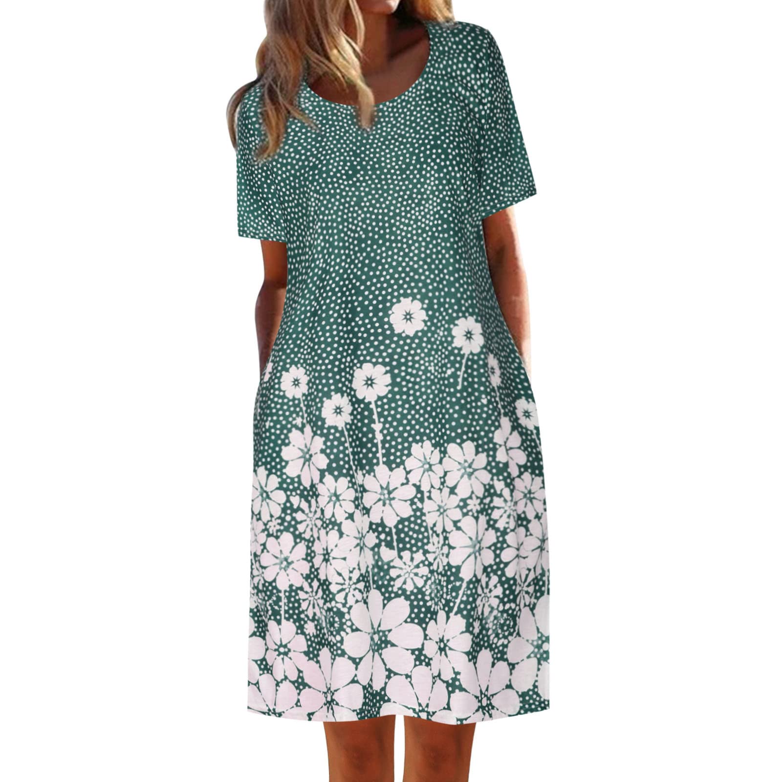Women's Casual Flowy Pleated T-Shirt Dress with Pockets - Green | Comfortable Loose Fit Summer Dress for Outings, Beach & Everyday Wear