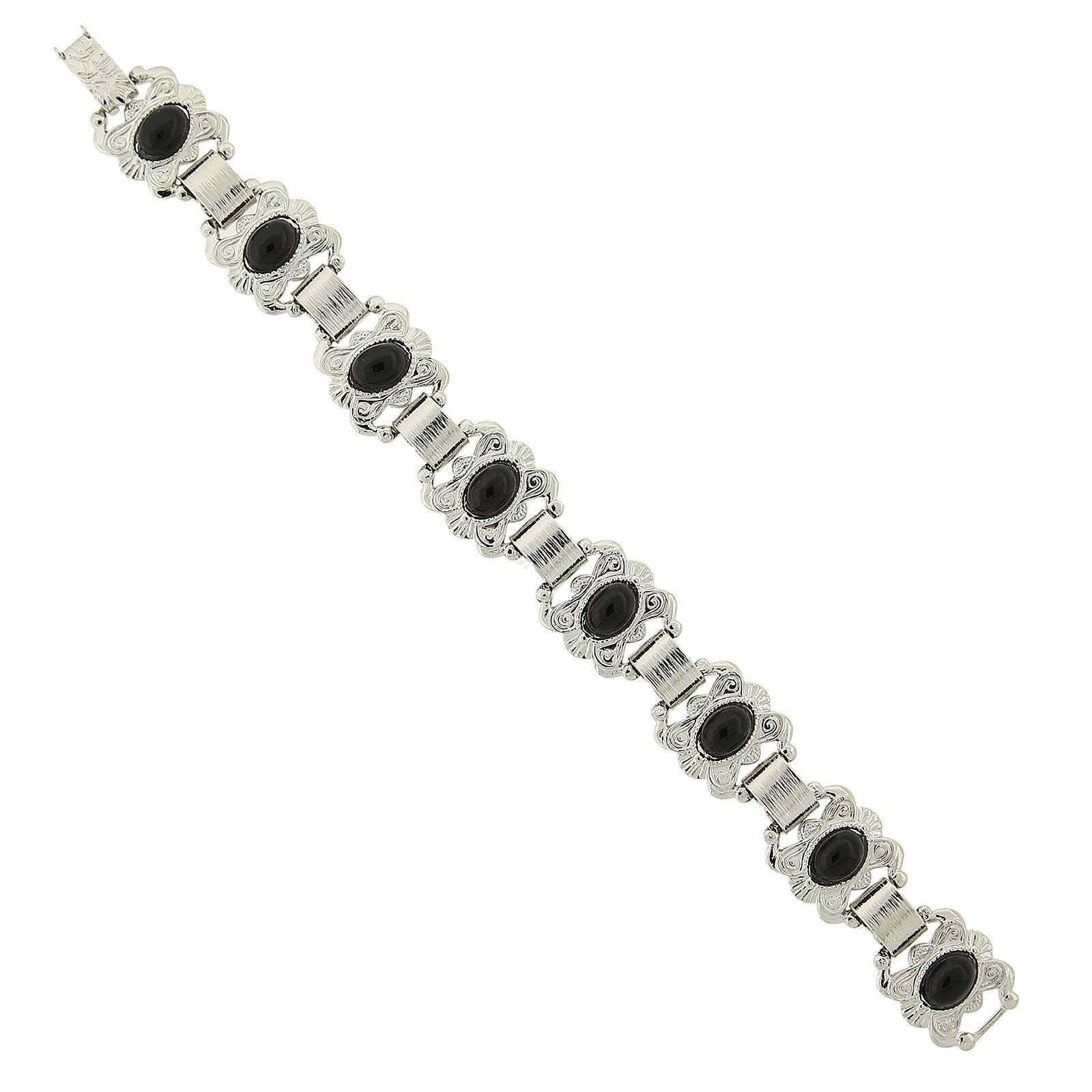 Vintage 1928 Jewelry Classic Etched Oval Black Onyx Stone Clasp Bracelet for Women - Elegant Gift for Birthday, Anniversary & Special Occasions