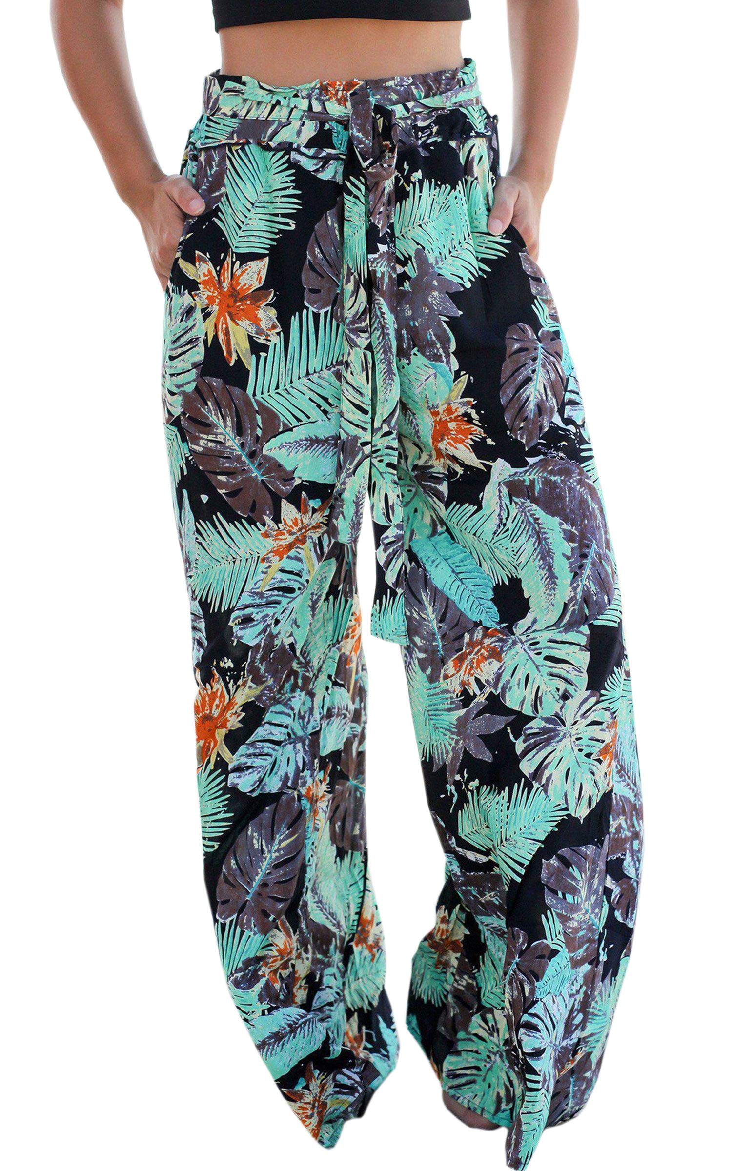 ECOWISH Women's Wide Leg Palazzo Pants - High Waist Flared Trousers with Pockets | Tropical Floral Print Casual Summer Pants 2025 | Perfect for Beach, Vacation & Boho Style Outfits