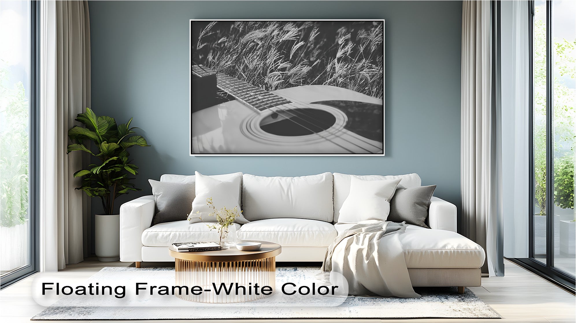 Acoustic Guitar in Field - Black and White Nature Music Canvas Prints | Wall Art Decor for Living Room, Bedroom & Office | Music Lover Gift