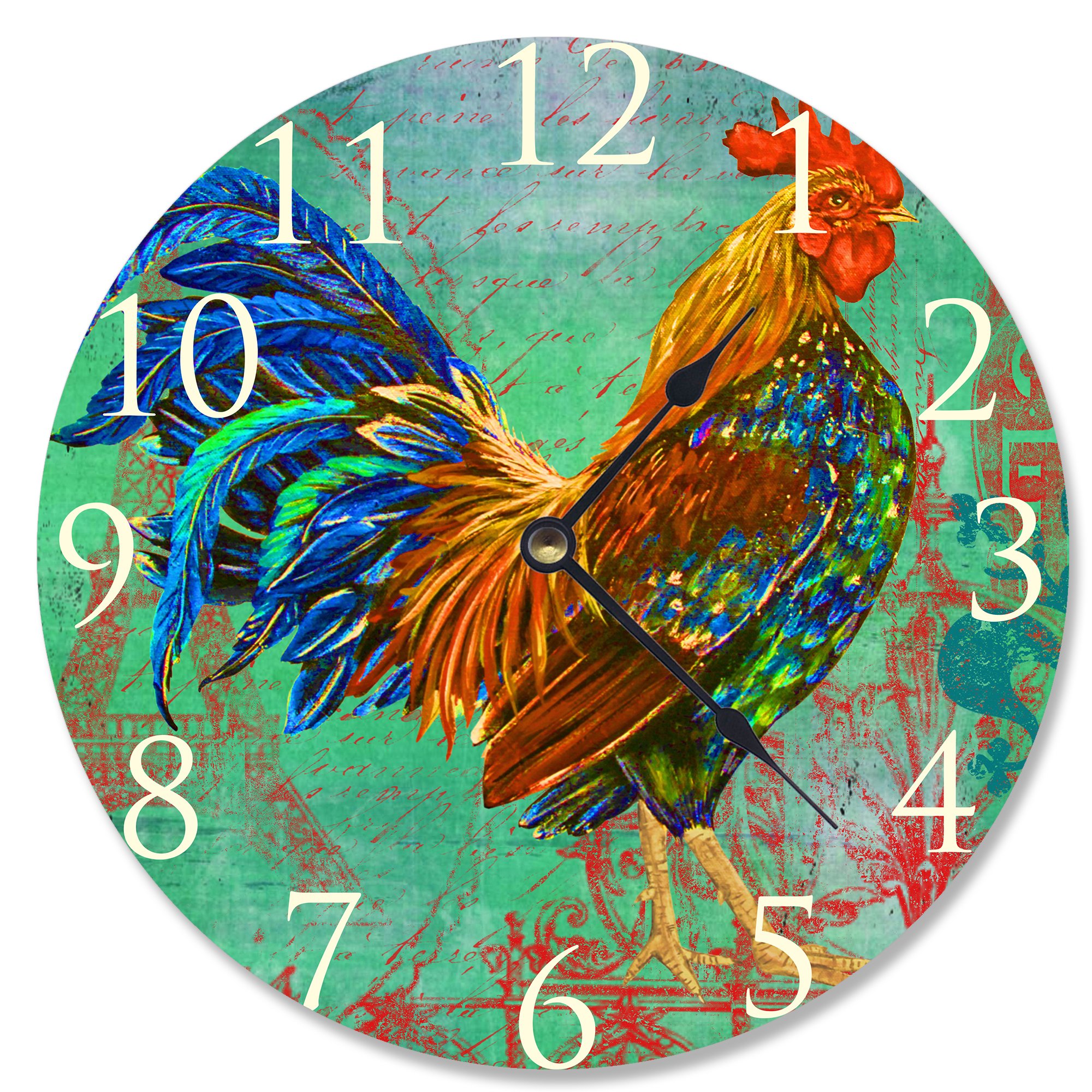Stupell Home Decor Rainbow Rooster Wall Clock - Farmhouse Bathroom Vanity Decor, Kitchen & Living Room Wall Art - Unique Gift for Home & Office