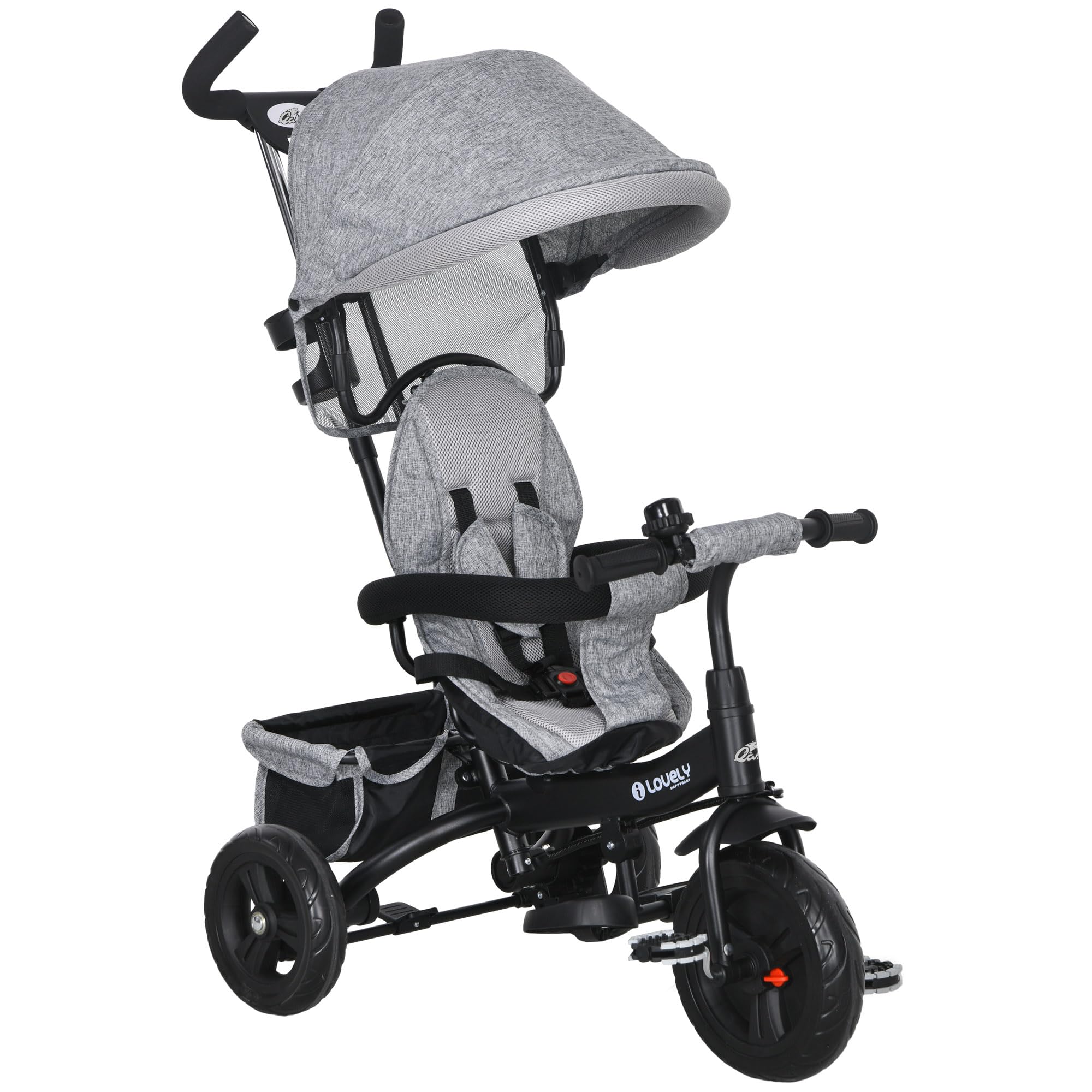 Qaba 6-in-1 Toddler Tricycle with Foldable Canopy & Storage Basket - Adjustable 5-Point Safety Harness Trike for Kids 1-5 Years Old (Grey) - Perfect for Outdoor Play, Park Rides & Learning Balance