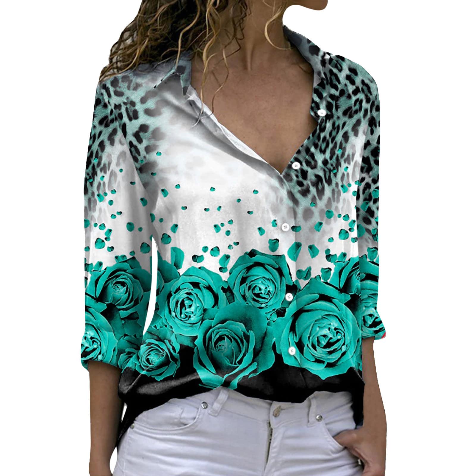 DGTVVR Women's Western Floral Print Button-Down Shirt - Hawaiian Style Casual Short Sleeve Tops with Gradient Design for Summer Outfits, Beach Vacations & Country Music Festivals