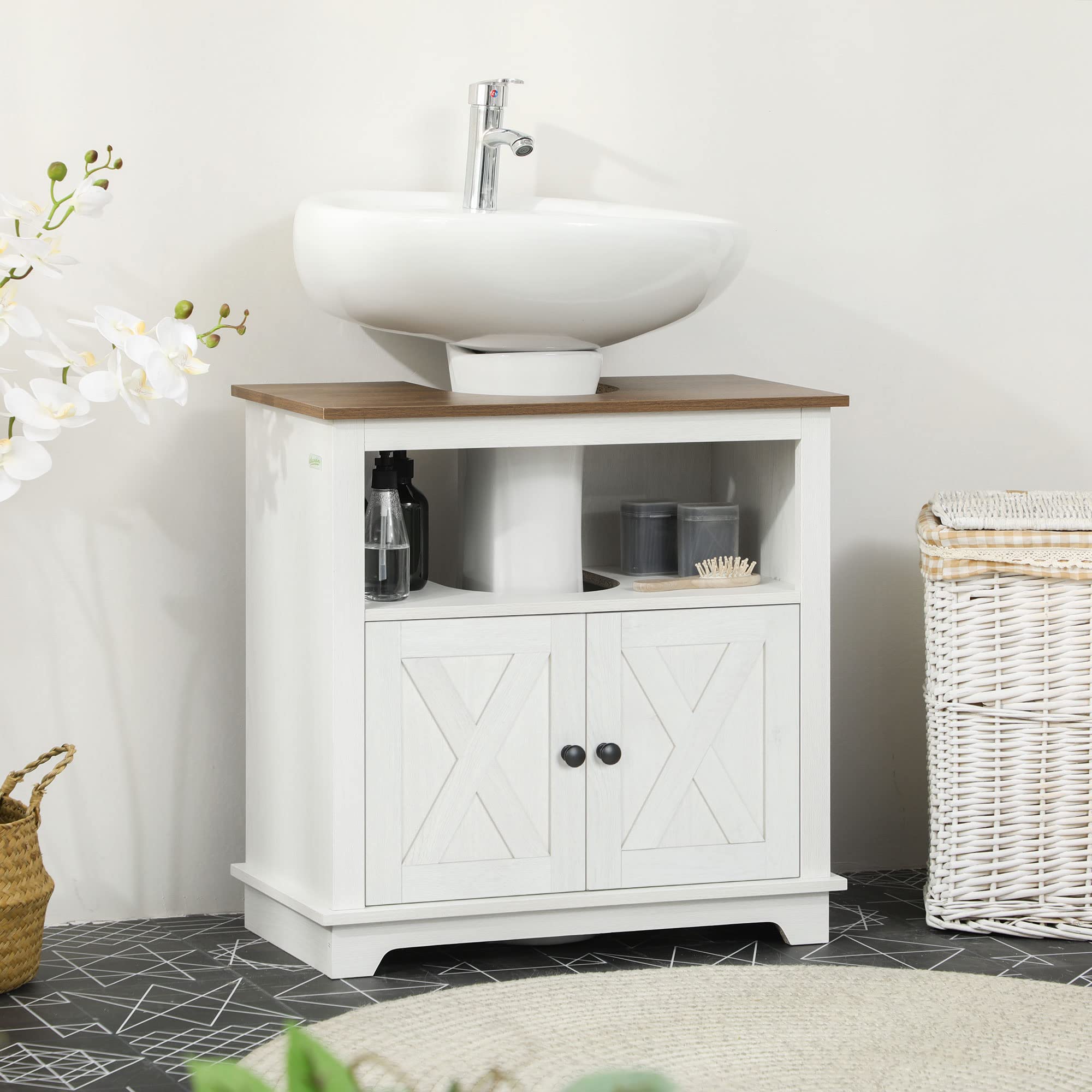 Kleankin Farmhouse Under Sink Bathroom Cabinet - White Double Door Vanity Storage Organizer with Shelves for Bathroom, Kitchen & Laundry Room Organization