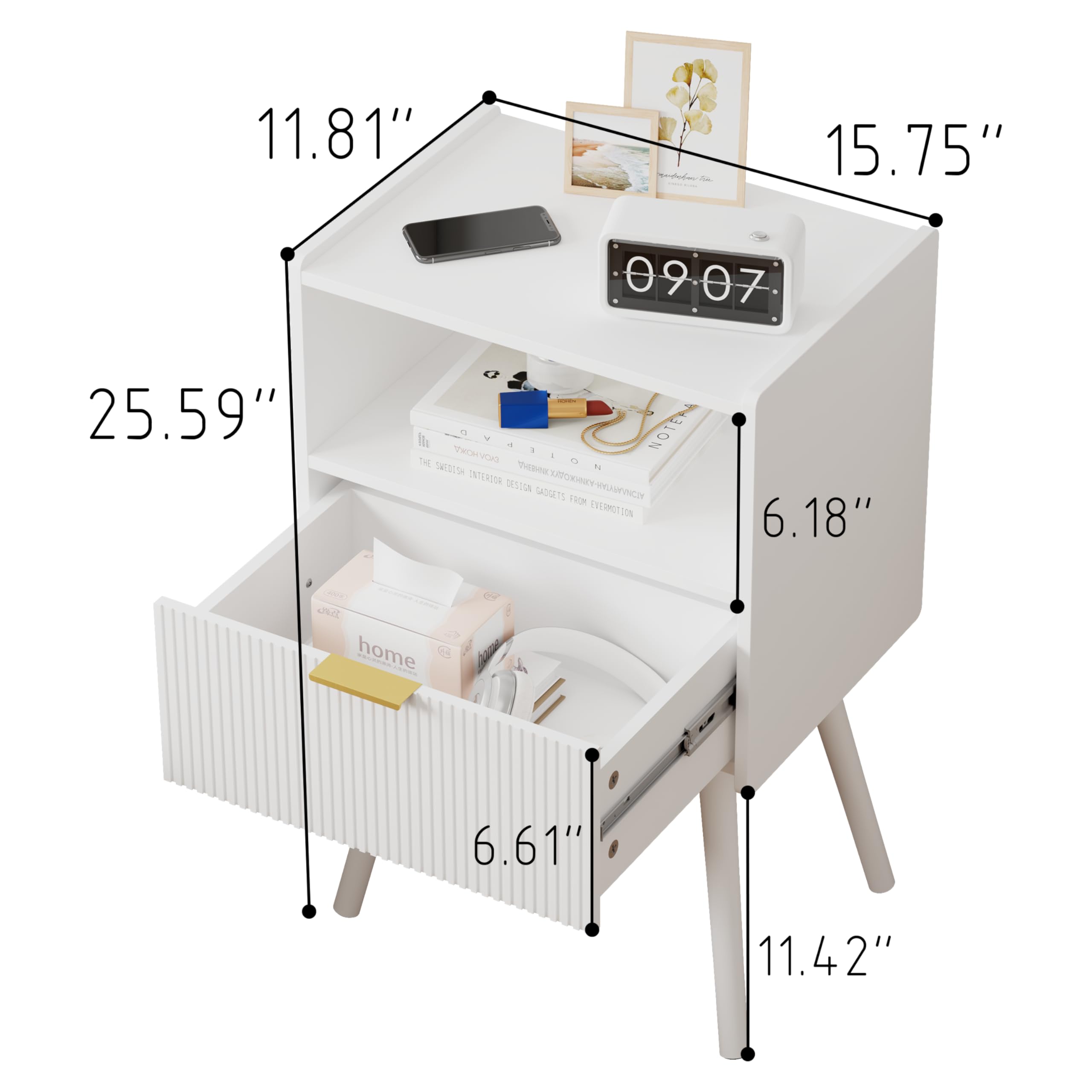 Modern White Nightstand with Storage Drawer & Open Shelf - Solid Wood Legs Bedside Table for Bedroom, Living Room & Small Spaces - Easy Assembly Classic Design - Perfect for Reading Nook, Guest Room & Apartment Decor