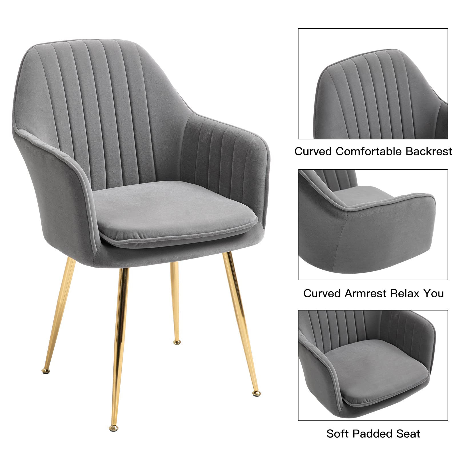 AVAWING Mid-Century Modern Velvet Dining Chairs Set of 4 - Grey Upholstered Accent Armchairs with Golden Legs for Living Room, Dining Room & Guest Seating | Perfect for Home Decor, Entertaining & Comfortable Gatherings