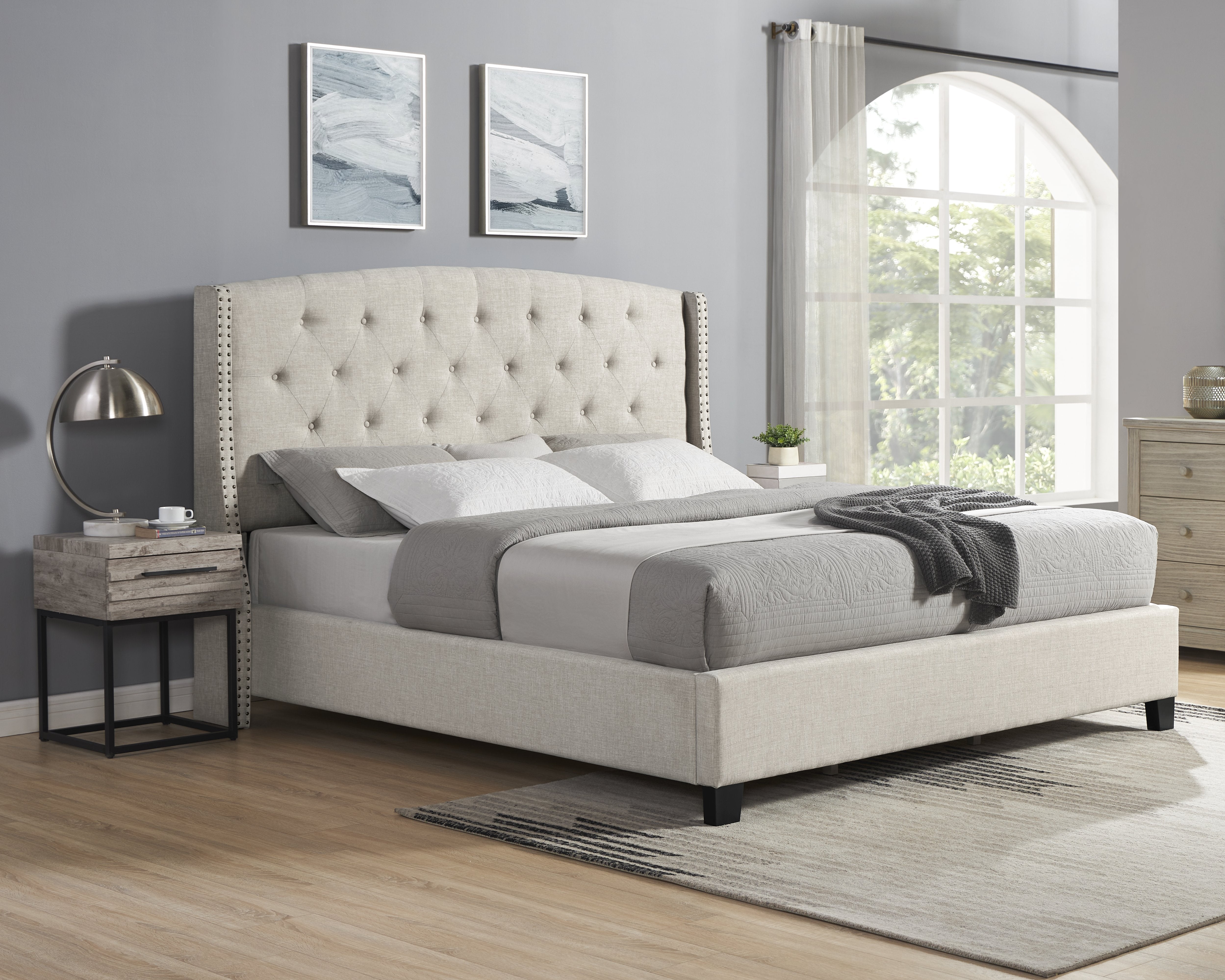 Roundhill Furniture Astral 3-Piece Upholstered Bedroom Set - Tufted Wingback Bed with 2 Nightstands for Master Bedroom & Guest Room Decor
