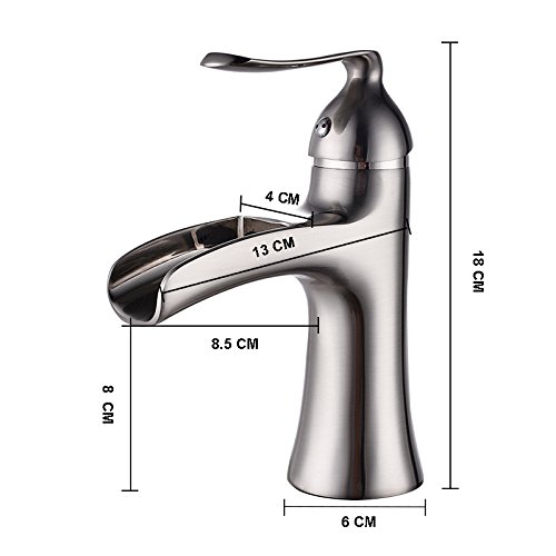 Brushed Nickel Waterfall Bathroom Sink Faucet - Single Handle Single Hole Lavatory Faucet with Supply Hose & Cover Plate - Commercial Basin Mixer Tap for Modern Bathroom & Powder Room