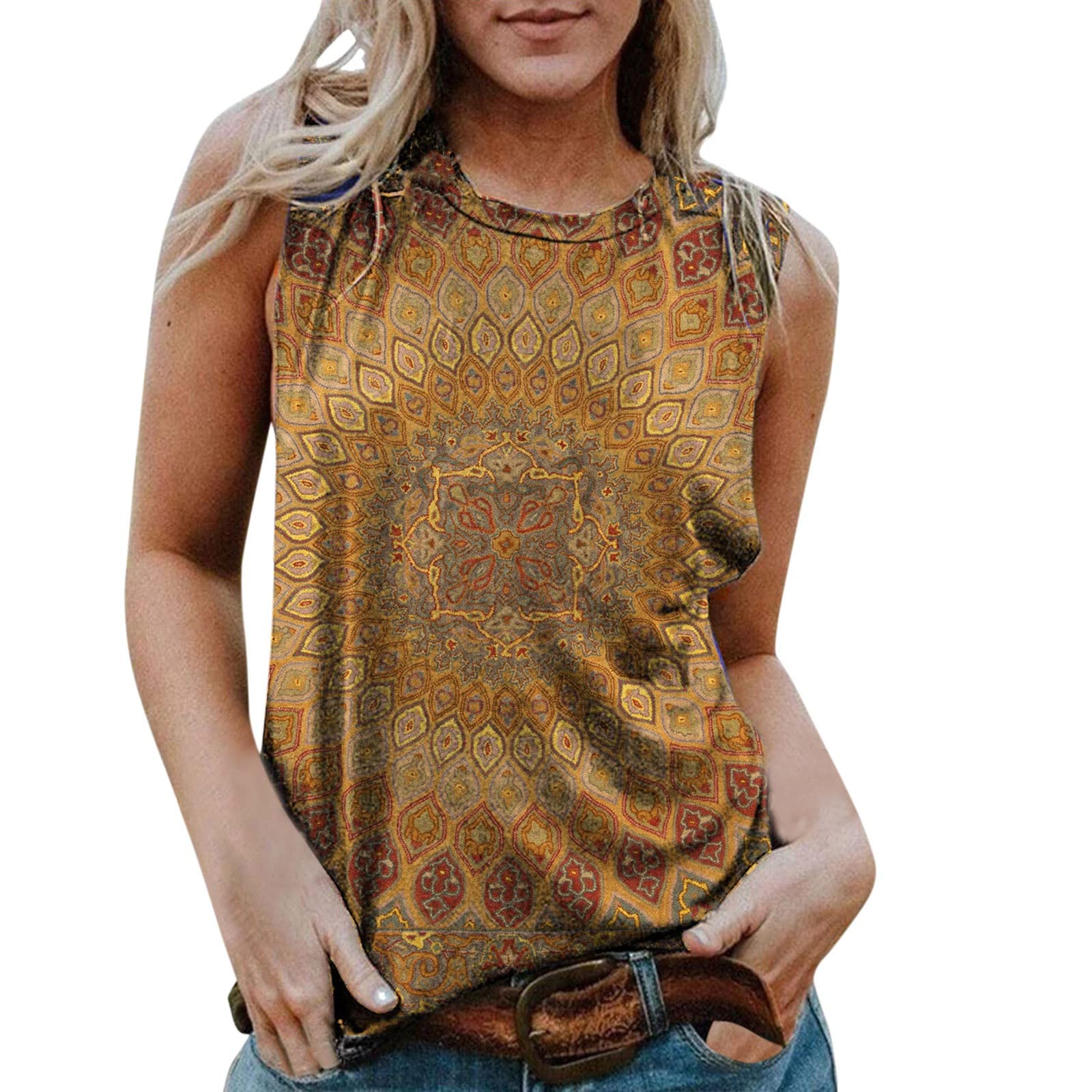 Women's Casual Aztec Print Sleeveless Vest Top - Loose Fit Round Neck T-Shirt | 100% Cotton Summer Boho Chic Blouse for Beach, Festival & Everyday Wear
