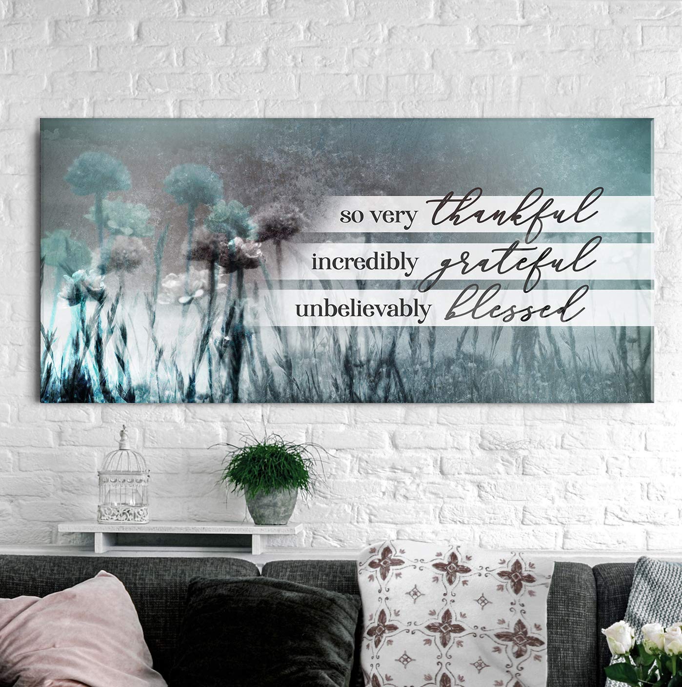 So Very Thankful Dandelions Rustic Wall Decor - Blessed Canvas Wall Art with Nature Theme for Home & Office (Teal, 60x27 Inches) | Religious Inspirational Decor | Perfect for Living Room, Bedroom or Gift