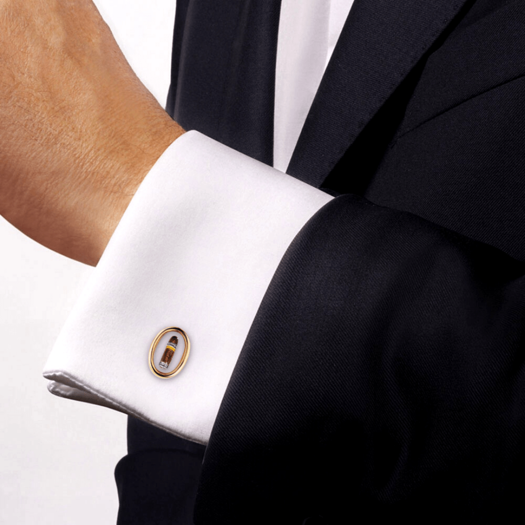 18K Yellow Gold Hand-Painted Cigar Cufflinks for Men - Luxury Formal Dress Accessories for Weddings, Business & Special Occasions