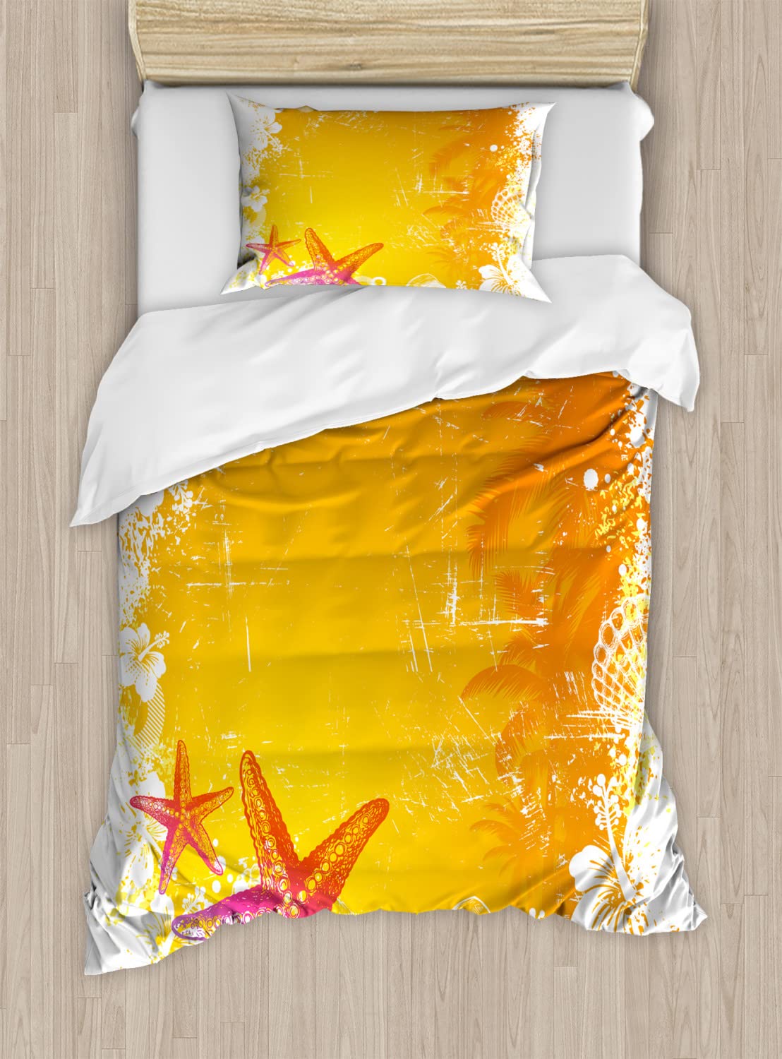 Ambesonne Starfish Duvet Cover Set - Tropical Beach Theme with Exotic Flowers & Seastars, Hawaii Inspired Ocean Fauna Bedding - 2 Piece Twin Size Set (Duvet Cover + Pillowcase) - Vibrant Orange, Yellow & Pink Colors - Perfect for Beach House Decor, Coastal Bedroom Theme or Summer Vacation Vibes