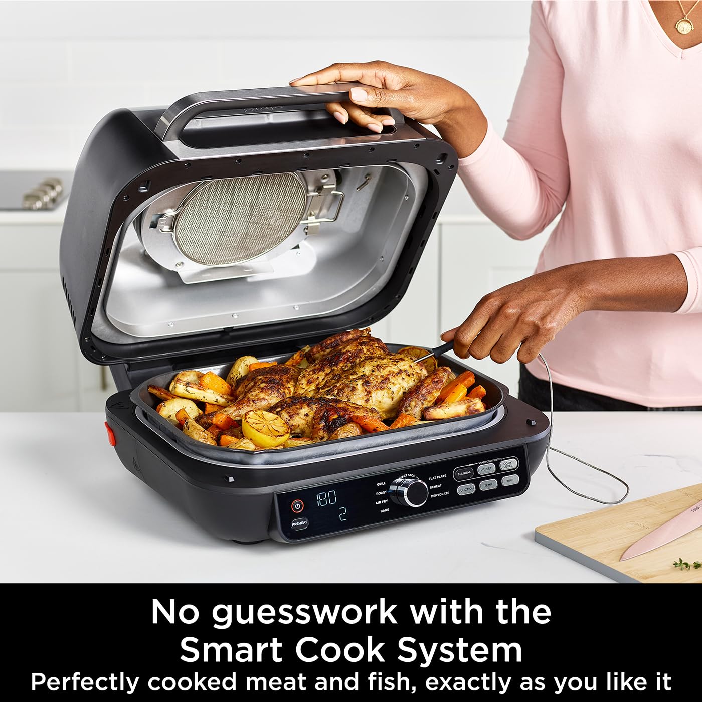 Ninja Foodi MAX PRO 7-in-1 Health Grill & Air Fryer 3.8L - Digital Cooking Probe, Flat Plate, Bake, Dishwasher Safe Parts - Silver/Black AG651UK - Perfect for Healthy Cooking, Grilling, Air Frying & Family Meals
