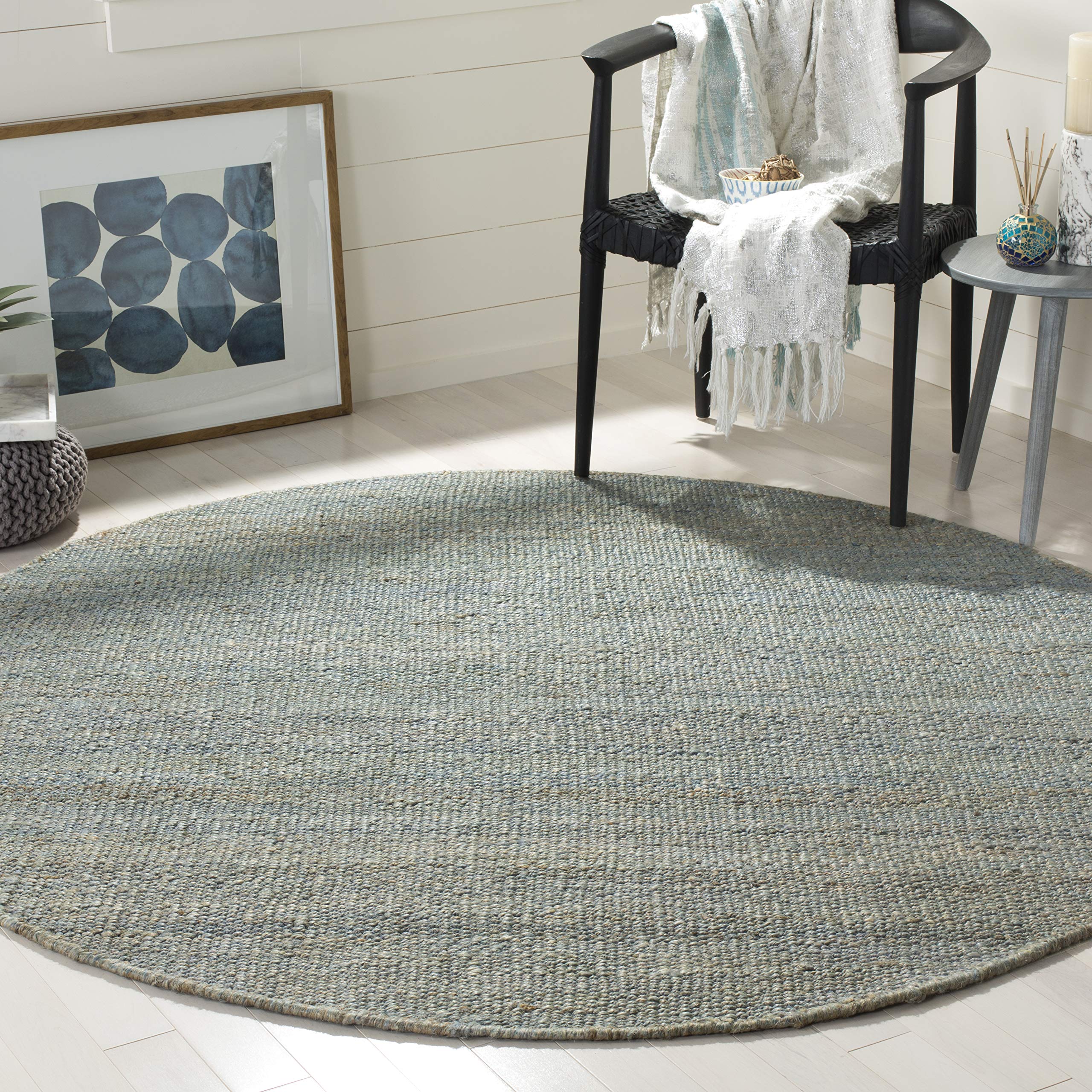 SAFAVIEH Natural Fiber Collection Handmade Boho Fringe Woven Jute Area Rug - 6' Round Blue, Eco-Friendly Floor Mat for High Traffic Living Room & Bedroom | Perfect for Bohemian Decor, Coastal Homes & Farmhouse Style Interiors (NF368E)