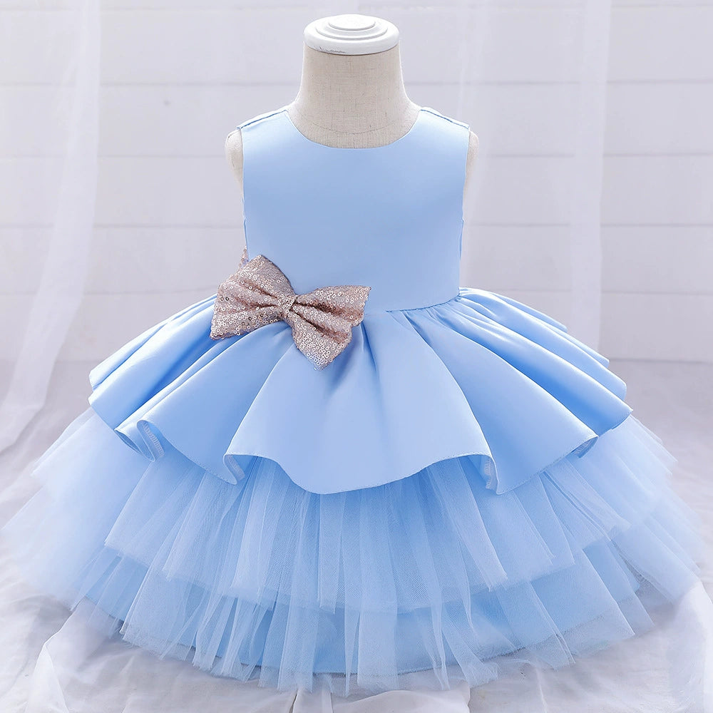 Royal Blue Satin Flower Girl Dress - Tea Length Princess Round Neckline for Weddings, Parties & Special Occasions