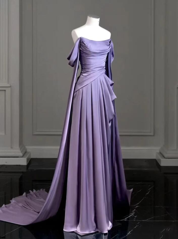 Elegant A-Line Purple Satin Long Prom Dress for Women - Formal Evening Gown for Homecoming, Wedding Party & Special Occasions