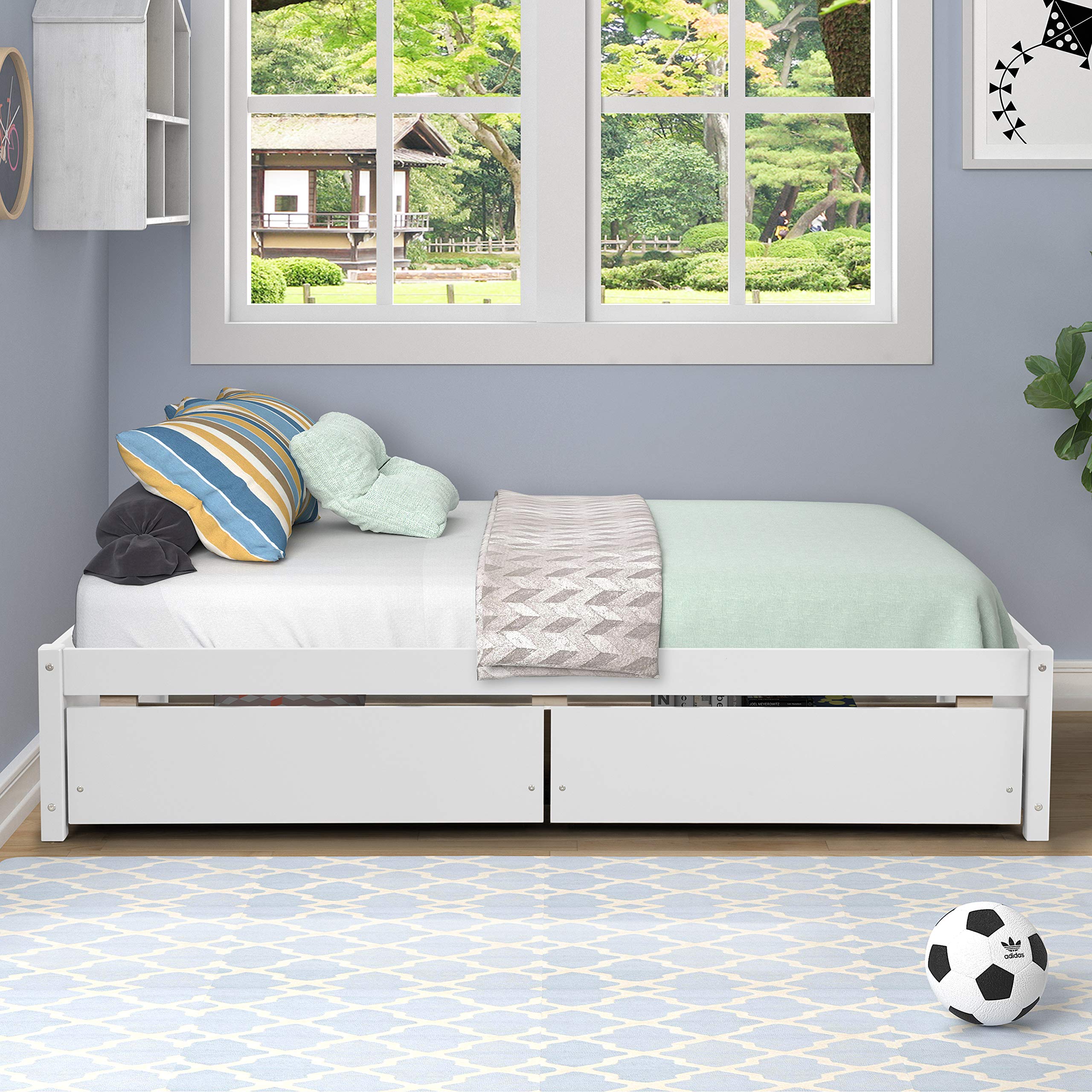 JULYFOX Twin Daybed Frame with 2 Storage Drawers - Sturdy Pine Wood Construction, No Headboard or Box Spring Needed - Low Profile Space-Saving Design for Kids, Teens & Adults - White | Perfect for Small Bedrooms, Guest Rooms & Dorm Rooms