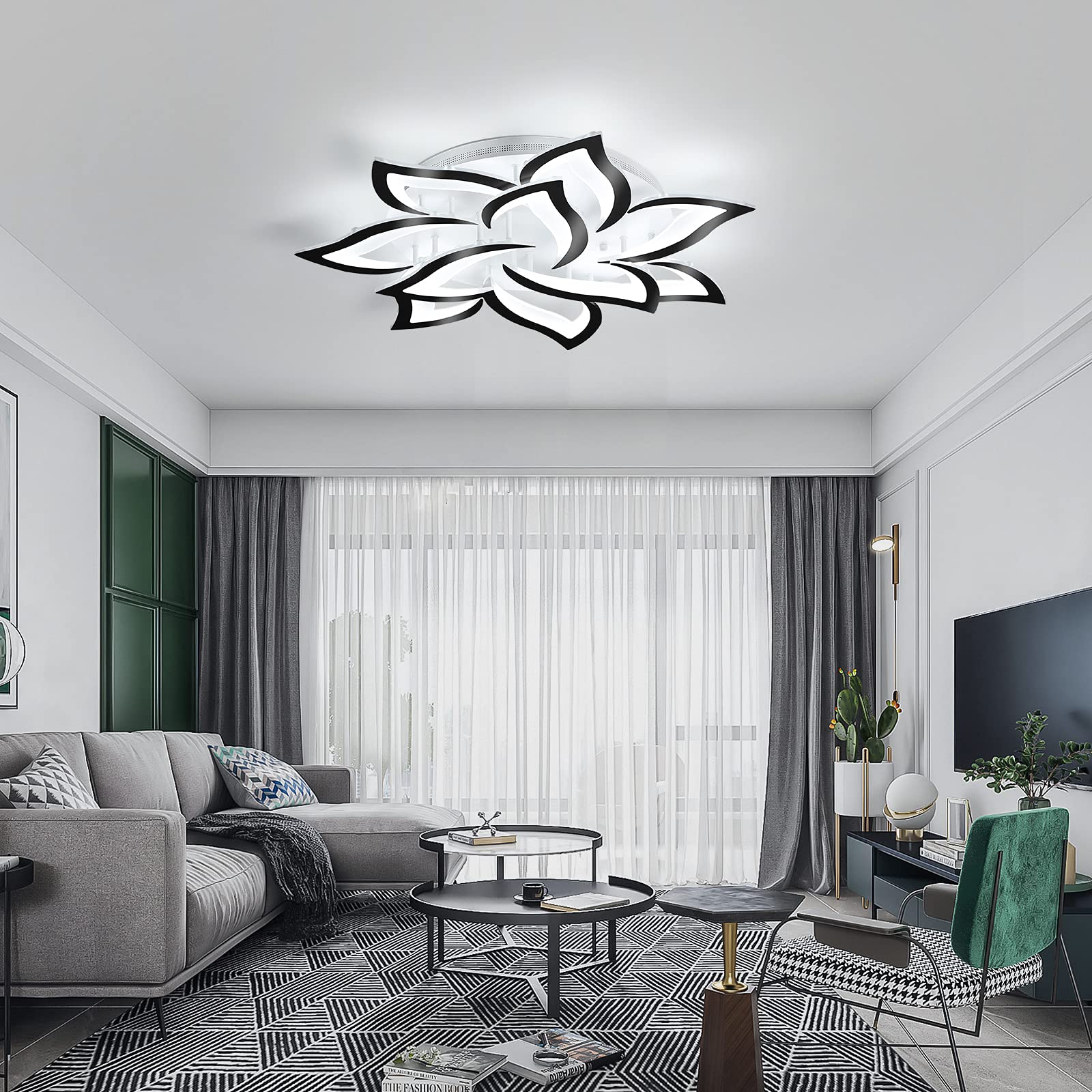 Modern LED Ceiling Light Fixture - Dimmable Flush Mount Flower Chandelier with Black Petals, 72W Energy Saving Lighting for Bedroom, Living Room & Dining Room | Elegant Home Decor & Ambient Lighting Solution