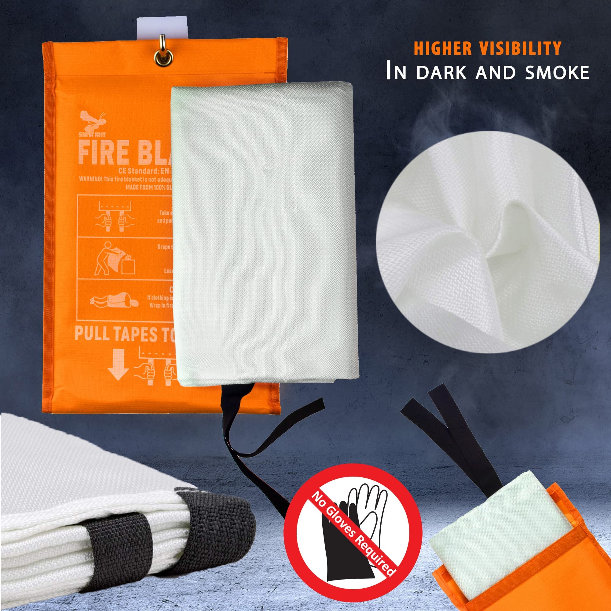 4 Pack Supa Ant Emergency Fire Blanket - 1500°F Heat Resistant, Glow in The Dark for High Visibility - CE Certified Fire Safety Blanket for Kitchen, Home & Camping (47in) - Perfect for Stove Fires, Grill Accidents & Emergency Preparedness