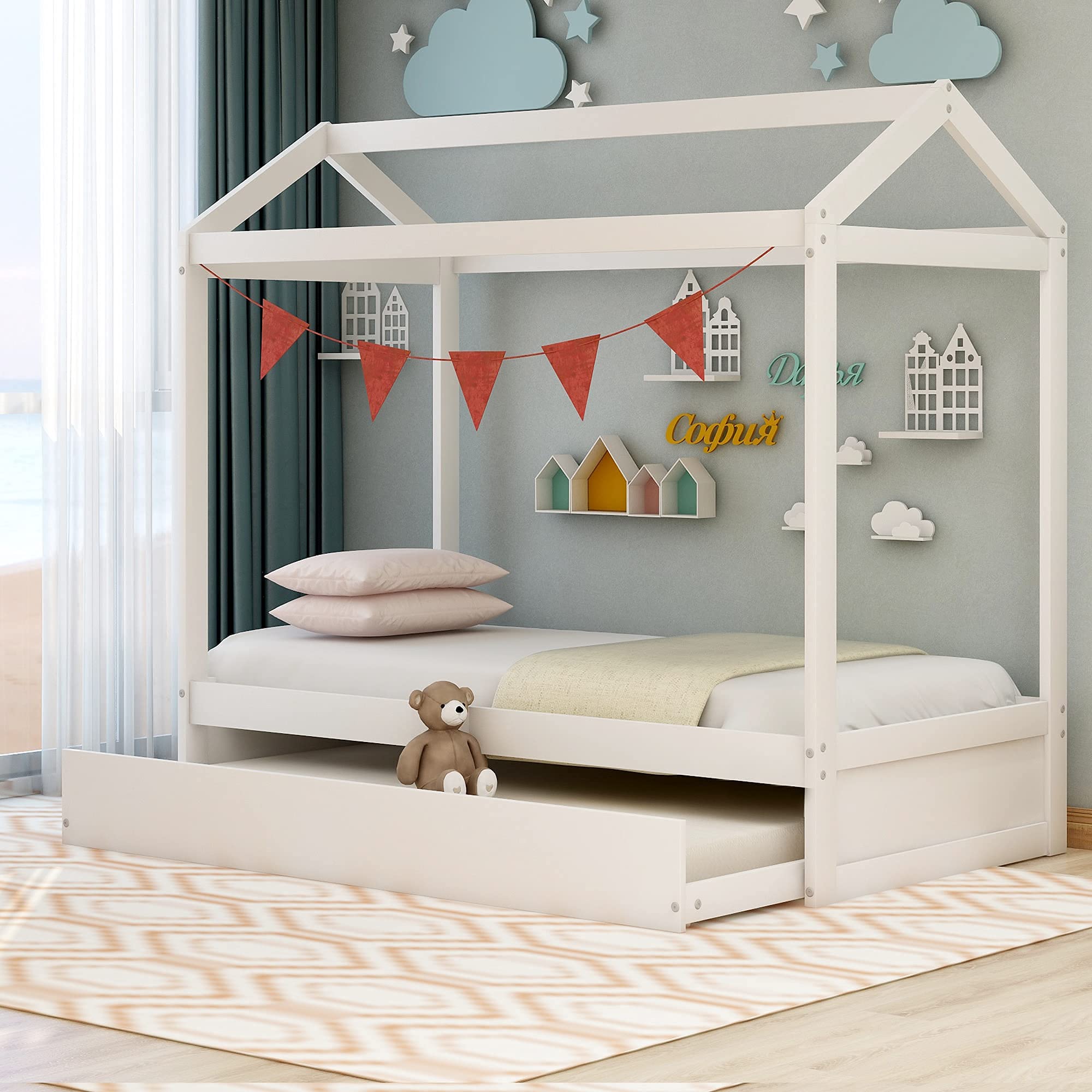 Twin House Daybed for Kids & Toddlers - Wooden Bed Frame with Trundle & Roof - Convertible Sofa Bed - Perfect for Bedrooms, Playrooms & Sleepovers