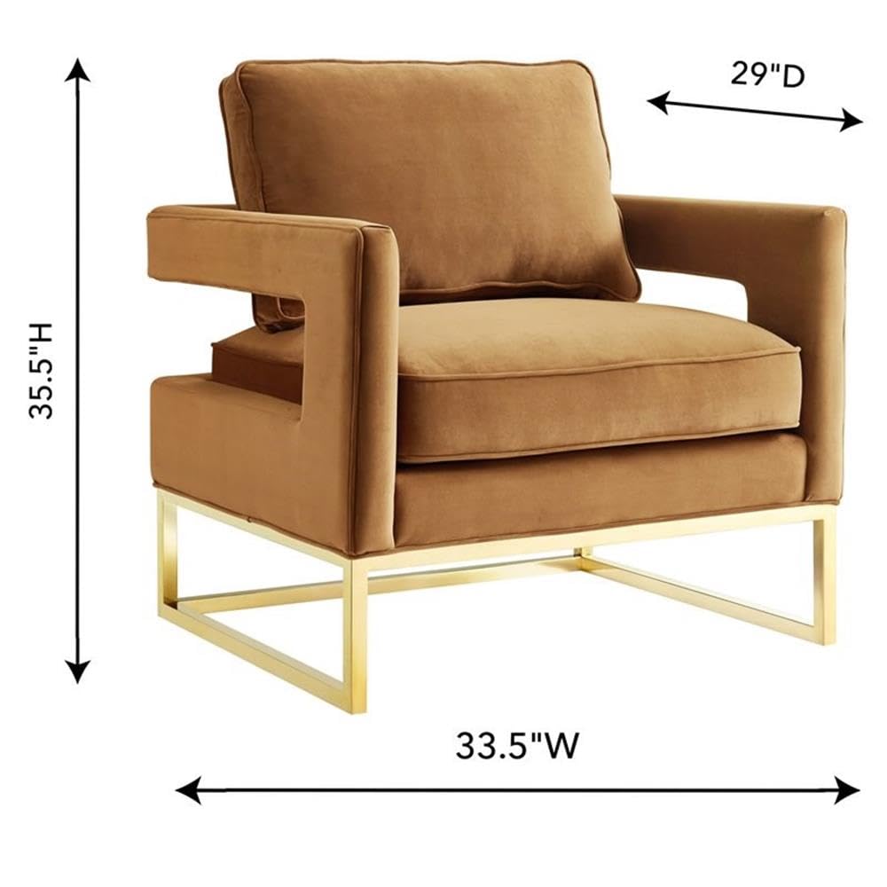 TOV Furniture Avery Collection Modern Leather Upholstered Armchair with Gold Metal Legs - Cognac Brown Living Room Chair for Home Office, Lounge & Reading Nook