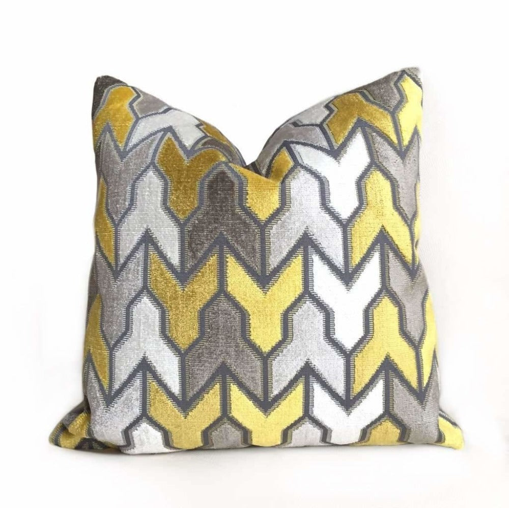 Brookhaven Arrow Geometric Velvet Pillow Cover - Mustard Yellow, Gray & Cream - Decorative Throw Pillow for Sofa, Bed & Home Decor