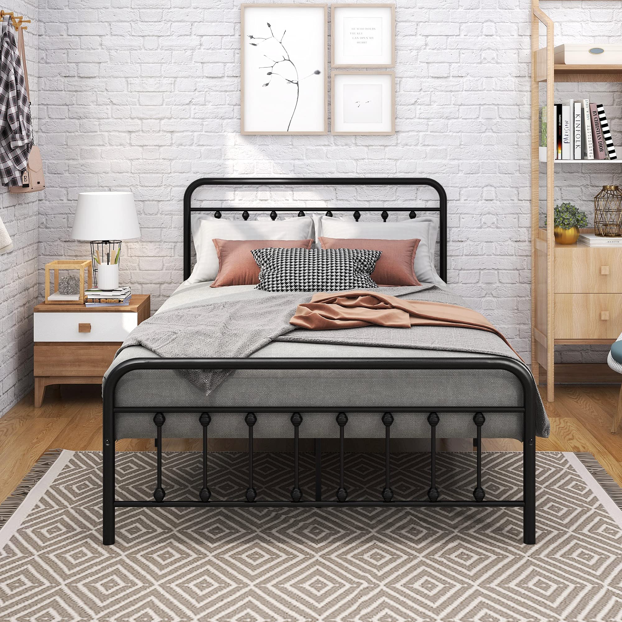 Full Size Metal Bed Frame with Headboard & Footboard - Sturdy Steel Slat Platform Foundation, No Box Spring Needed (Black) - Perfect for Modern Bedrooms, Guest Rooms & Dormitories