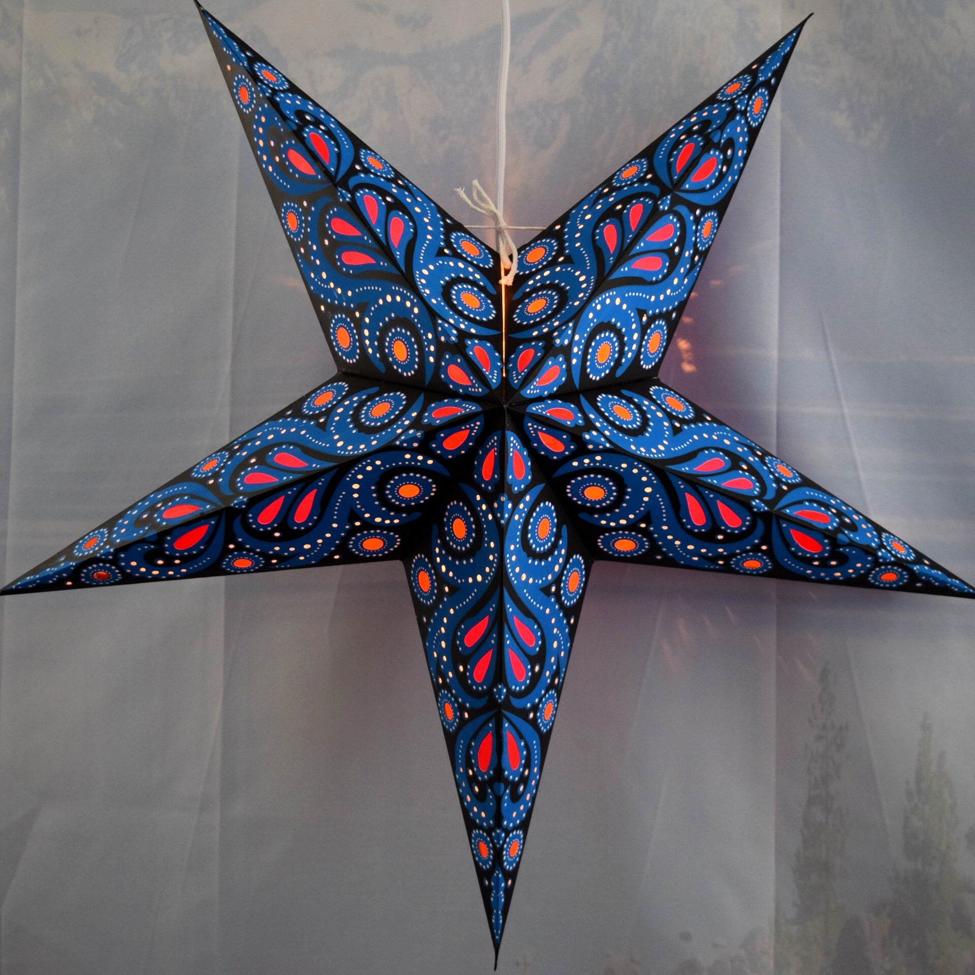 24 Inch Blue Astral Bloom Paper Star Lantern with Pendant Light - DIY Hanging Decor for Bedroom, Nursery, Wedding & Party Decoration