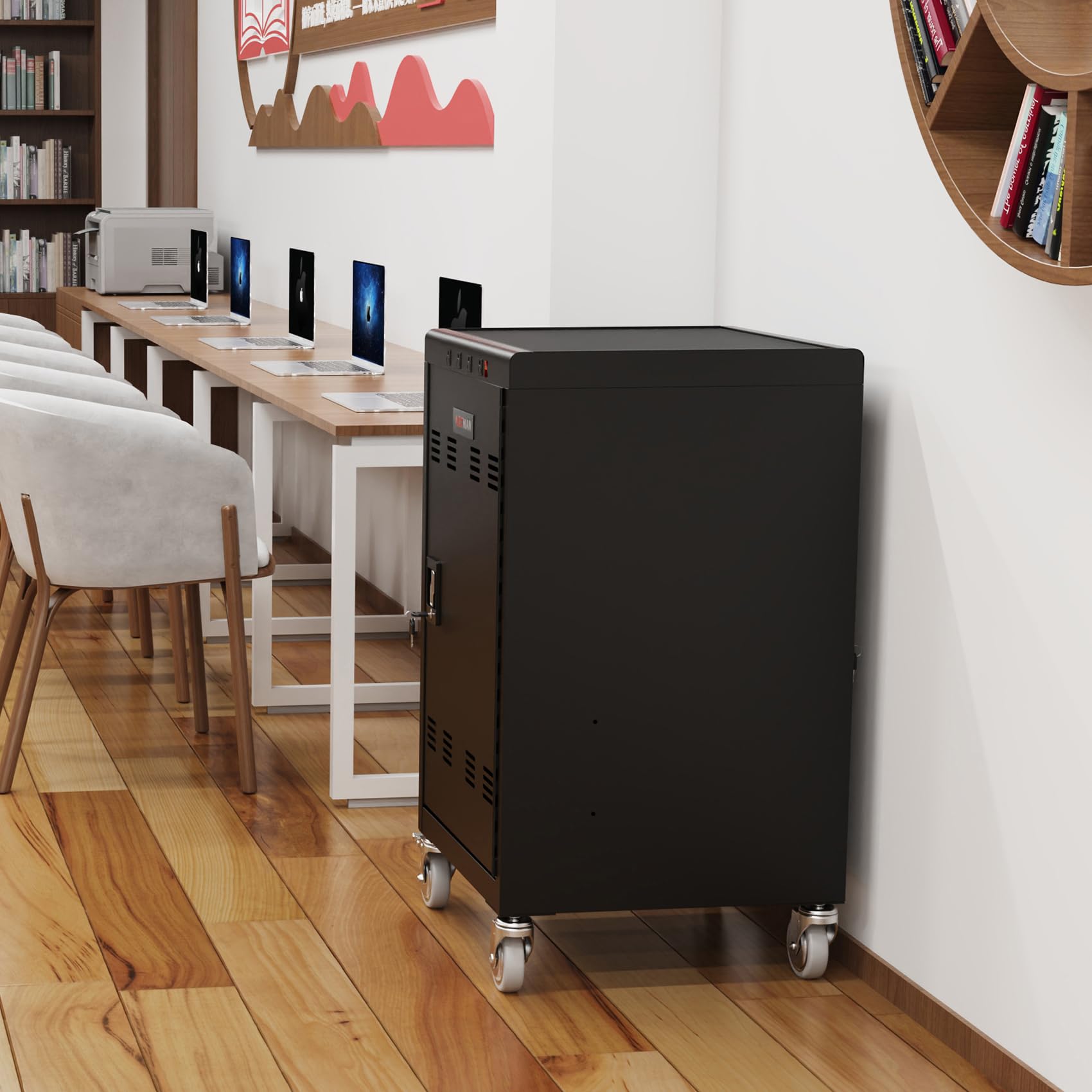 30 Device Mobile Charging Cart for iPad, Laptop & Chromebook | Fast Charging & Secure Storage | 16.3in Screen Size | 4 Charging Ports | Black | Ideal for School, Library, Hospital & Office Use
