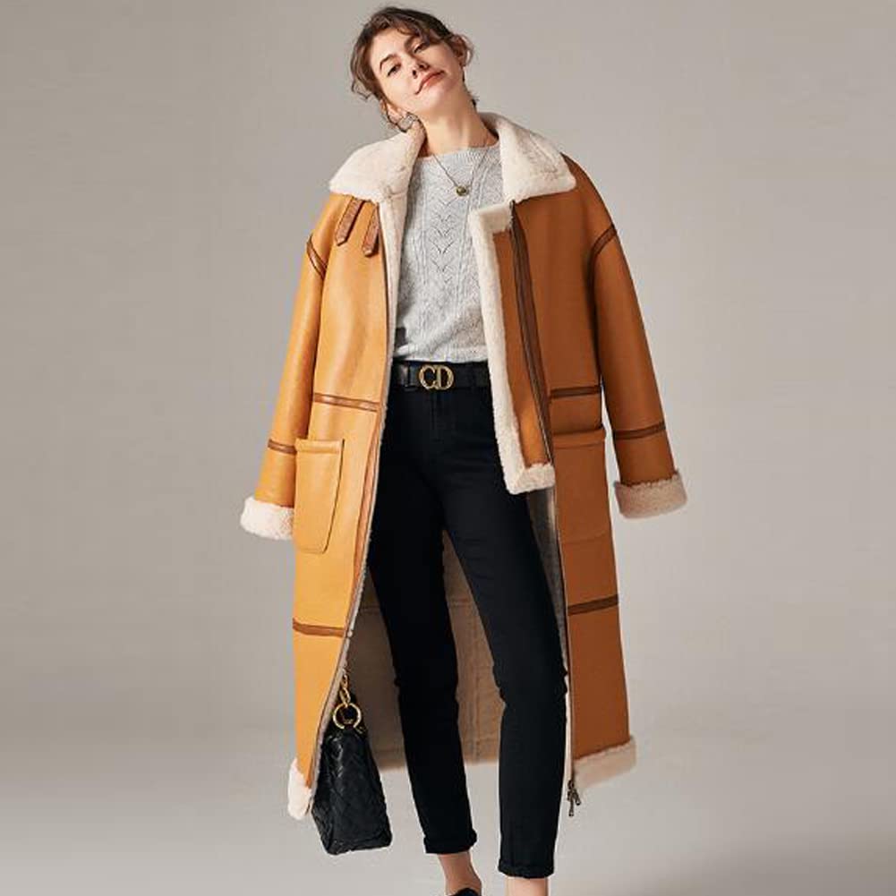 Denny & Dora Women's Shearling Bomber Jacket - Long Style Leather Overcoat with Faux Fur Lining | Winter Warm Coat for Women in Khaki | Perfect for Cold Weather, Outdoor Activities & Fashion Layering