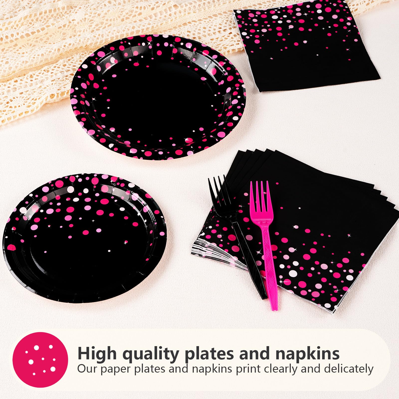 96-Piece Hot Pink & Black Party Supplies Set - 350GSM Dotted Party Plates, Napkins - Bachelorette, Birthday, Wedding Tableware Decor (Serves 24) - Perfect for Bridal Showers, Baby Showers & Themed Parties