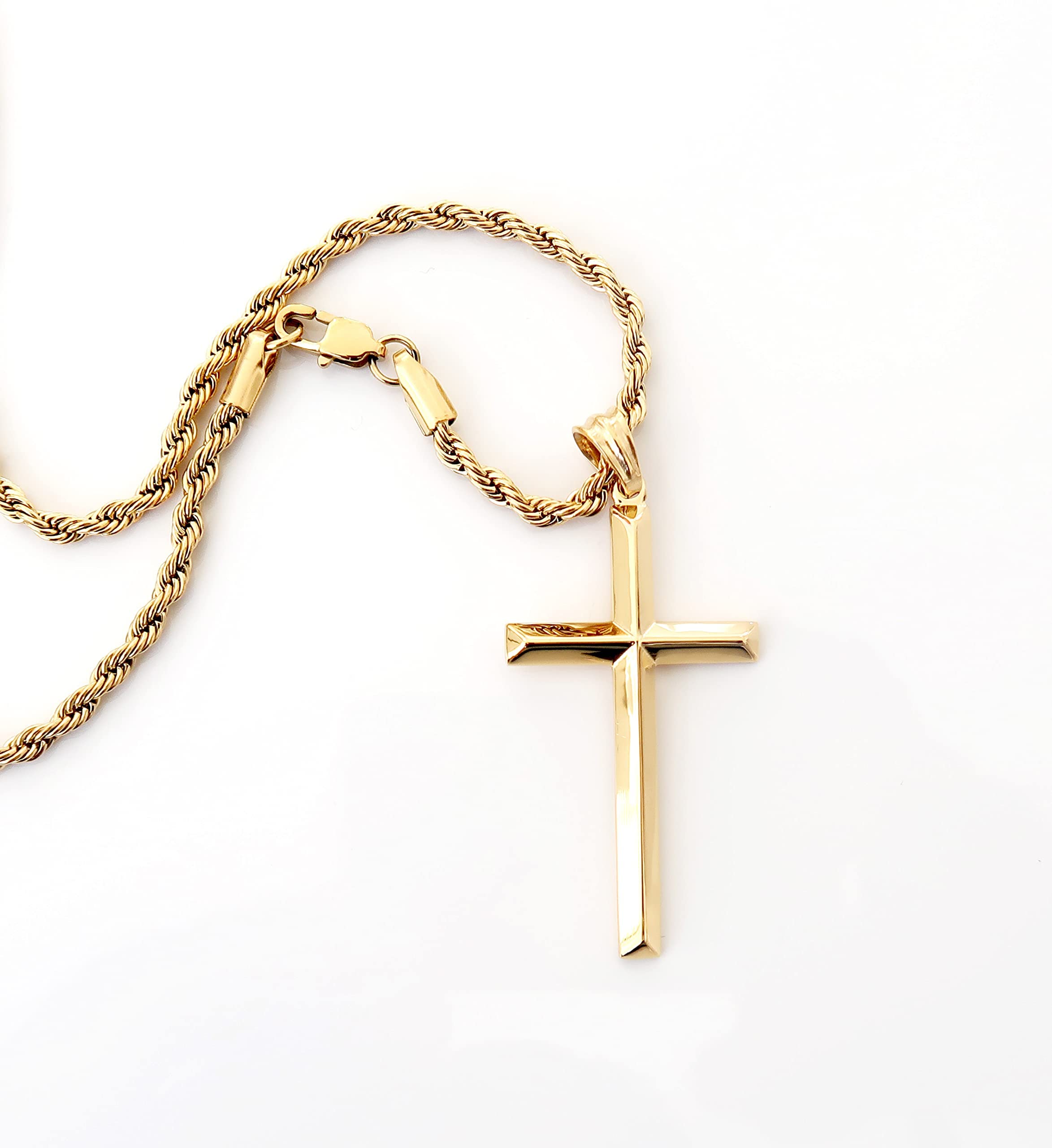 14K Gold Rope Chain Cross Pendant Necklace for Men - 3mm Thin Religious Jewelry with Diamond Cut Beveled Edge - Perfect Gift for Husband, Father's Day, Baptism & Church Occasions