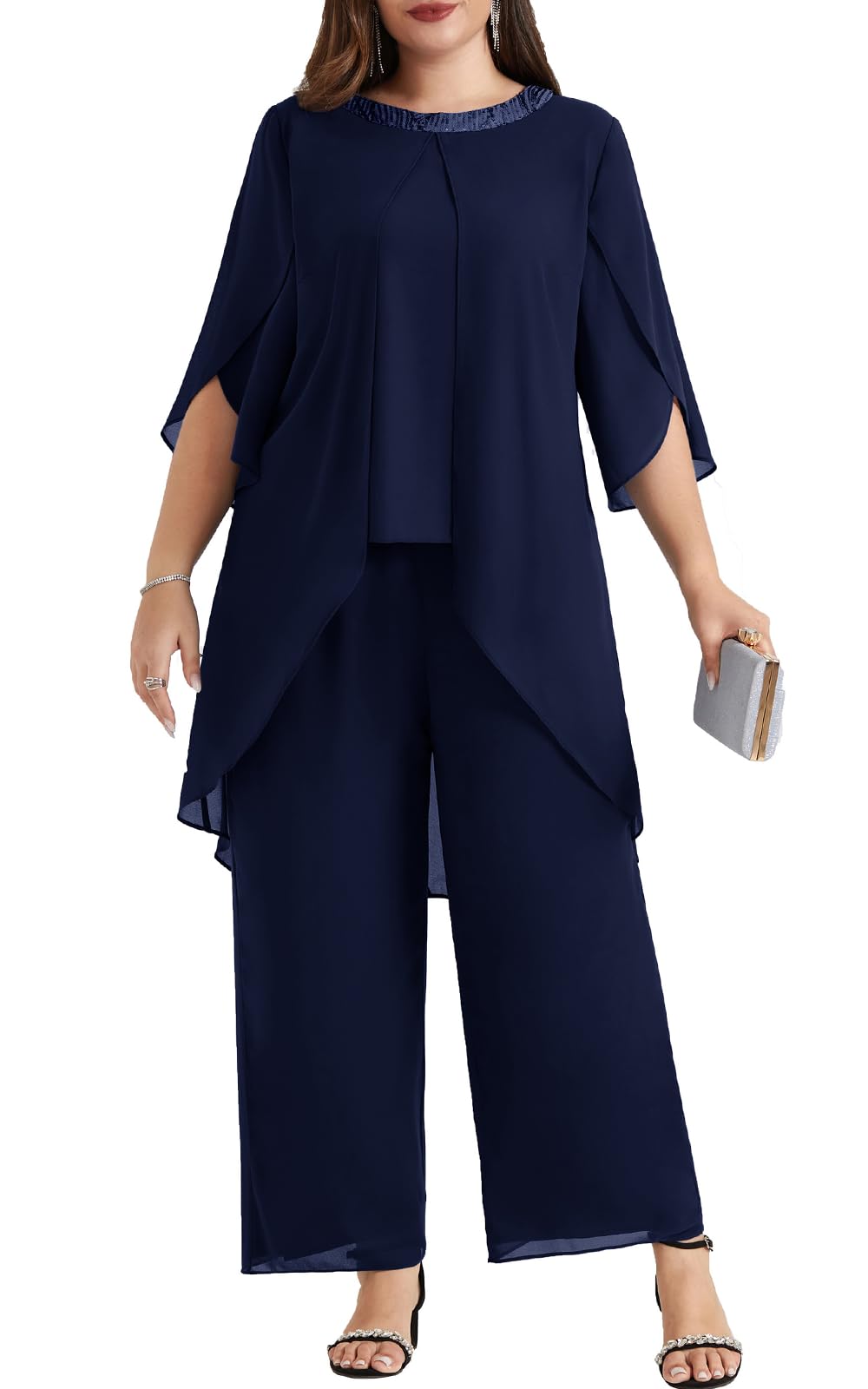 Hanna Nikole Plus Size Mother of The Bride Pant Suits - 2 Piece Chiffon Set with High Low Hem - Elegant Wedding Guest Outfit for Women - Perfect for Weddings, Receptions & Formal Events