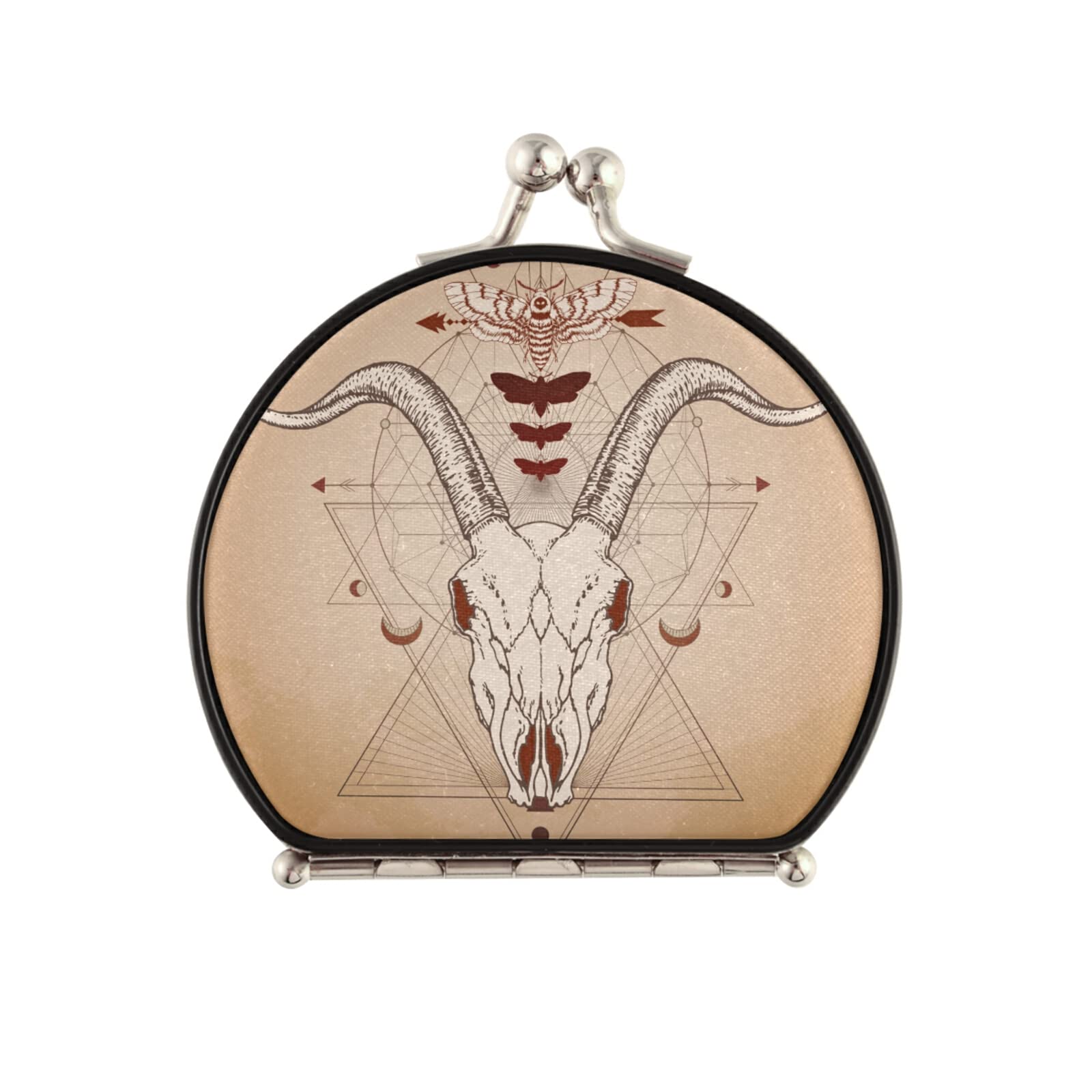 Goat Skull & Dead Head Moth Sacred Geometric Compact Makeup Mirror - Twin-Sided 2x/1x Magnification Cosmetic Mirror with Buckle Folding Design, Portable Pocket Hand Mirror for Gothic Makeup, Witchy Aesthetics & Vintage Decor