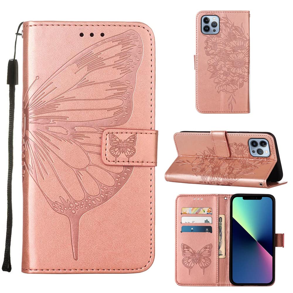 Premium Luxury PU Leather iPhone 13 Pro Max Case with Card Holder & Kickstand (6.7 inch) - Butterfly Rose Gold Design | Slim Protective Wallet Case for Women & Men | Perfect for Work, Travel & Everyday Use - YBH