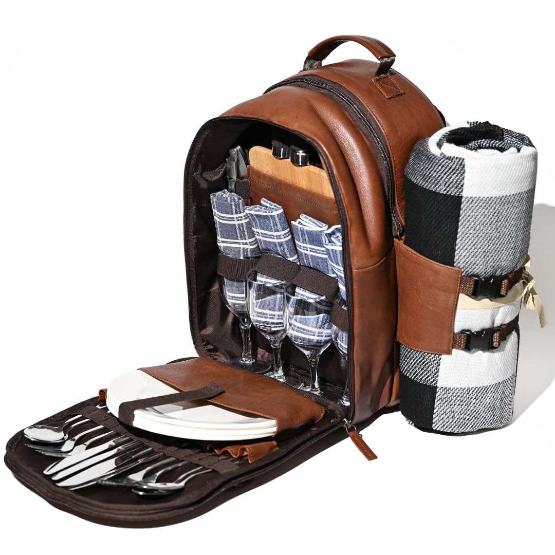 Premium Genuine Leather Picnic Backpack for 4 People - Insulated Cooler Compartment, Soft Blanket, 4 Dinner Plates & Cutlery Set - Luxury Outdoor Picnic Accessories for Couples, Family & Friends (Brown) - Perfect for Beach, Park, Camping & Romantic Dates
